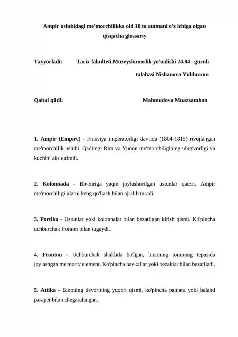 Ampir uslubidagi me'morchilikka oid 10 ta atamani o'z ichiga olgan qisqacha glossariy