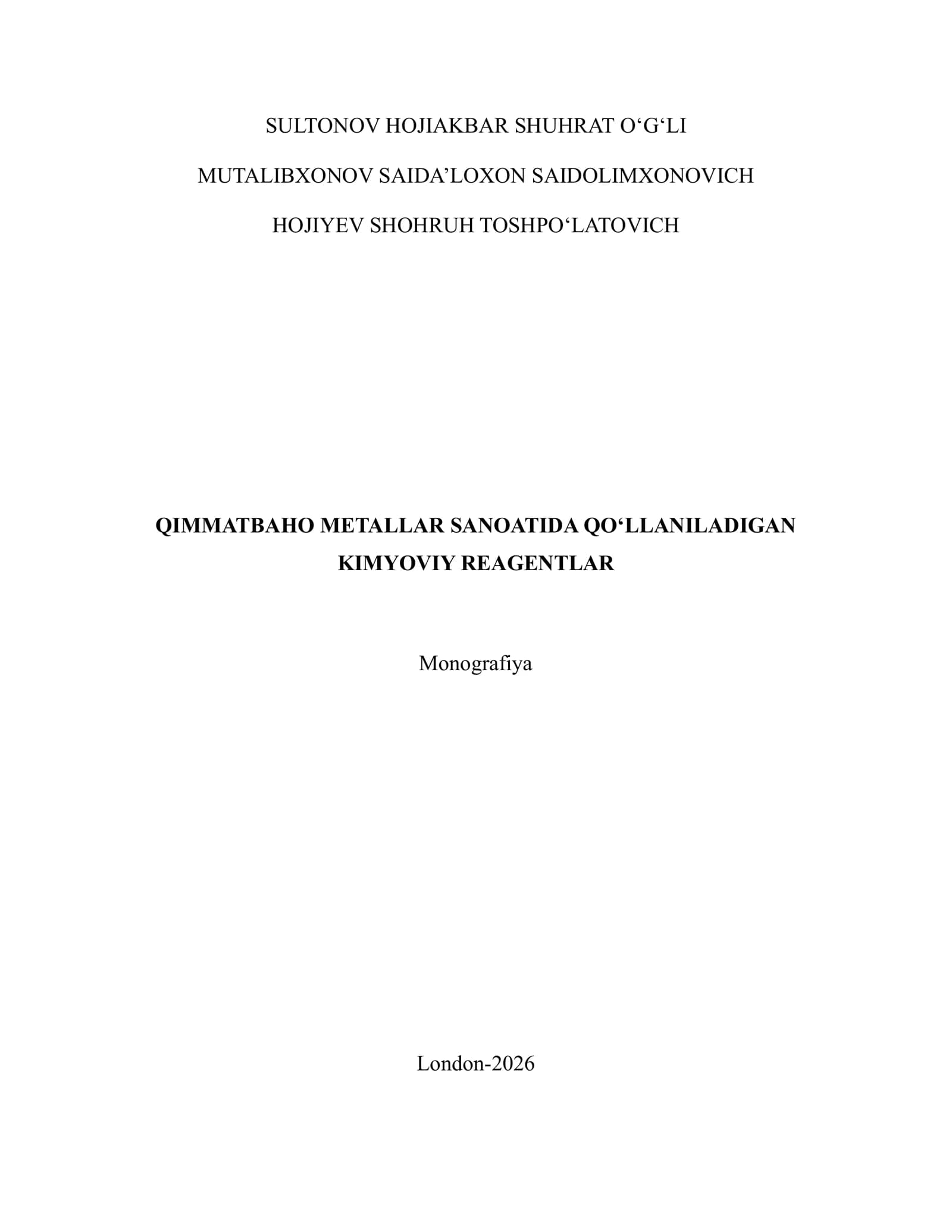 Qimmatbaho metallar sanoatida qo‘llaniladigan kimyoviy reagentlar