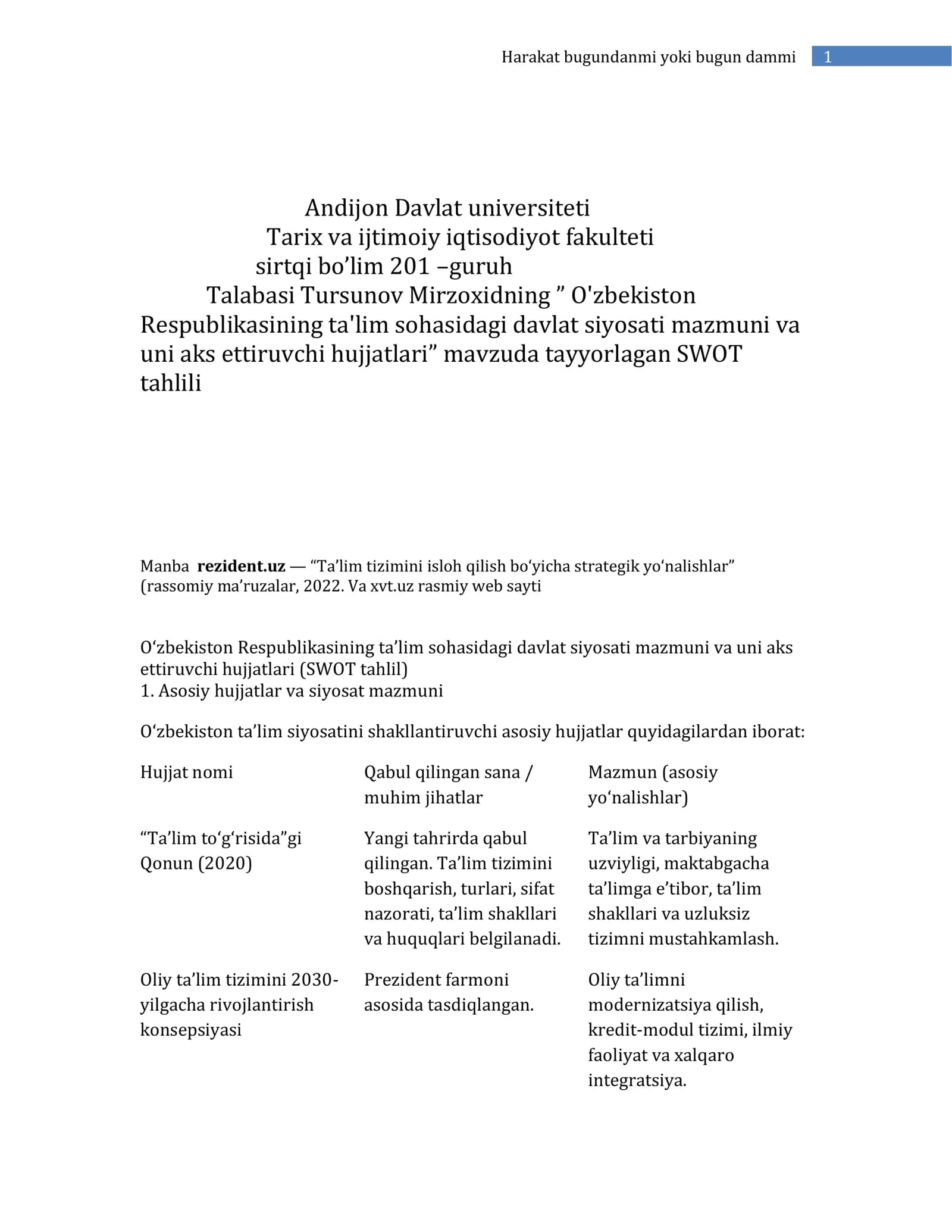 O‘zbekiston Respublikasining ta’lim sohasidagi davlat siyosati mazmuni va uni aks ettiruvchi hujjatlari (SWOT tahlil)