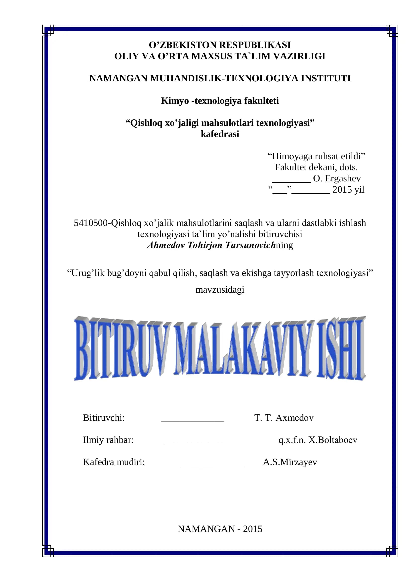 Qishloq xo’jaligi mahsulotlari texnologiyasi