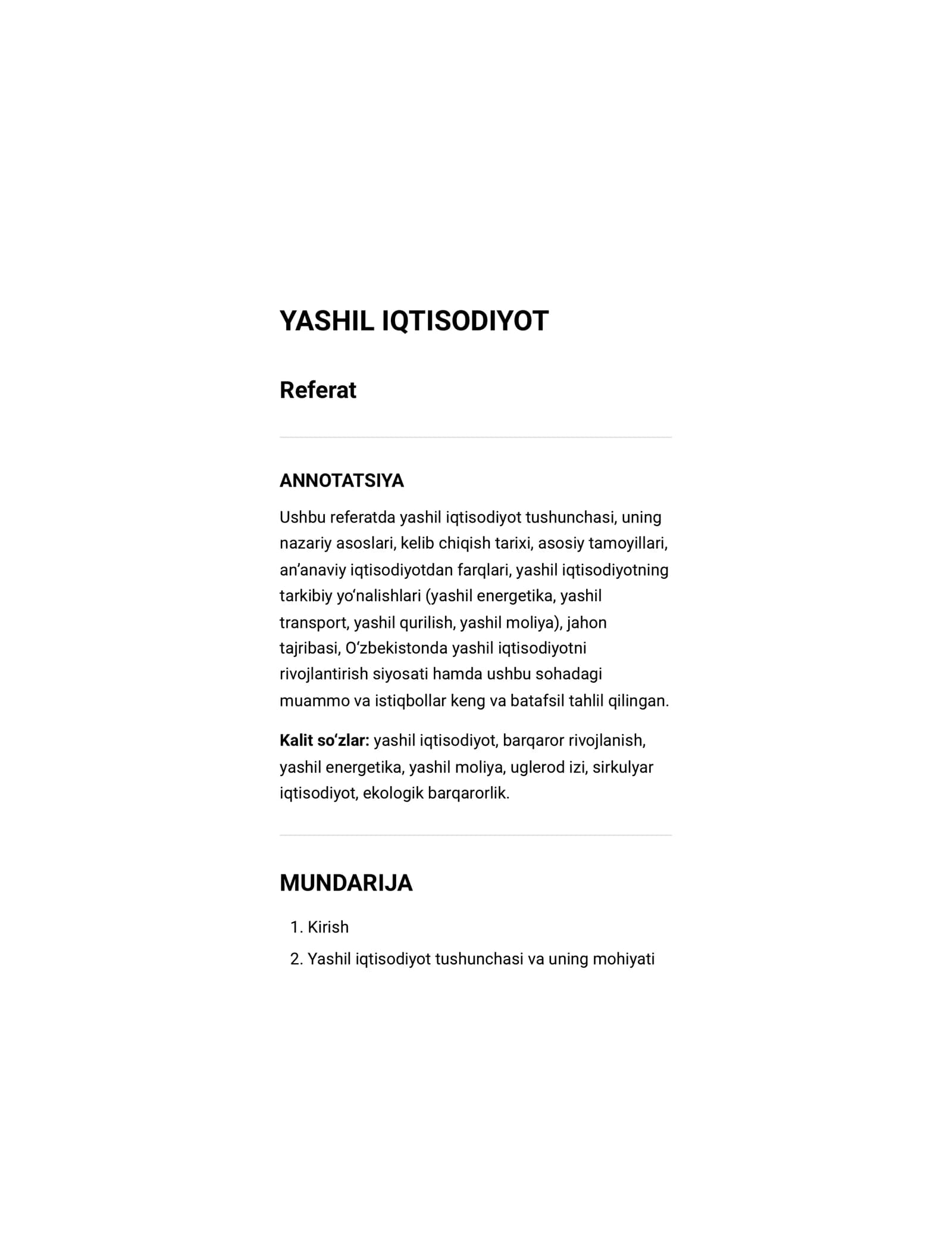 Referat yashil iqtisodiyot