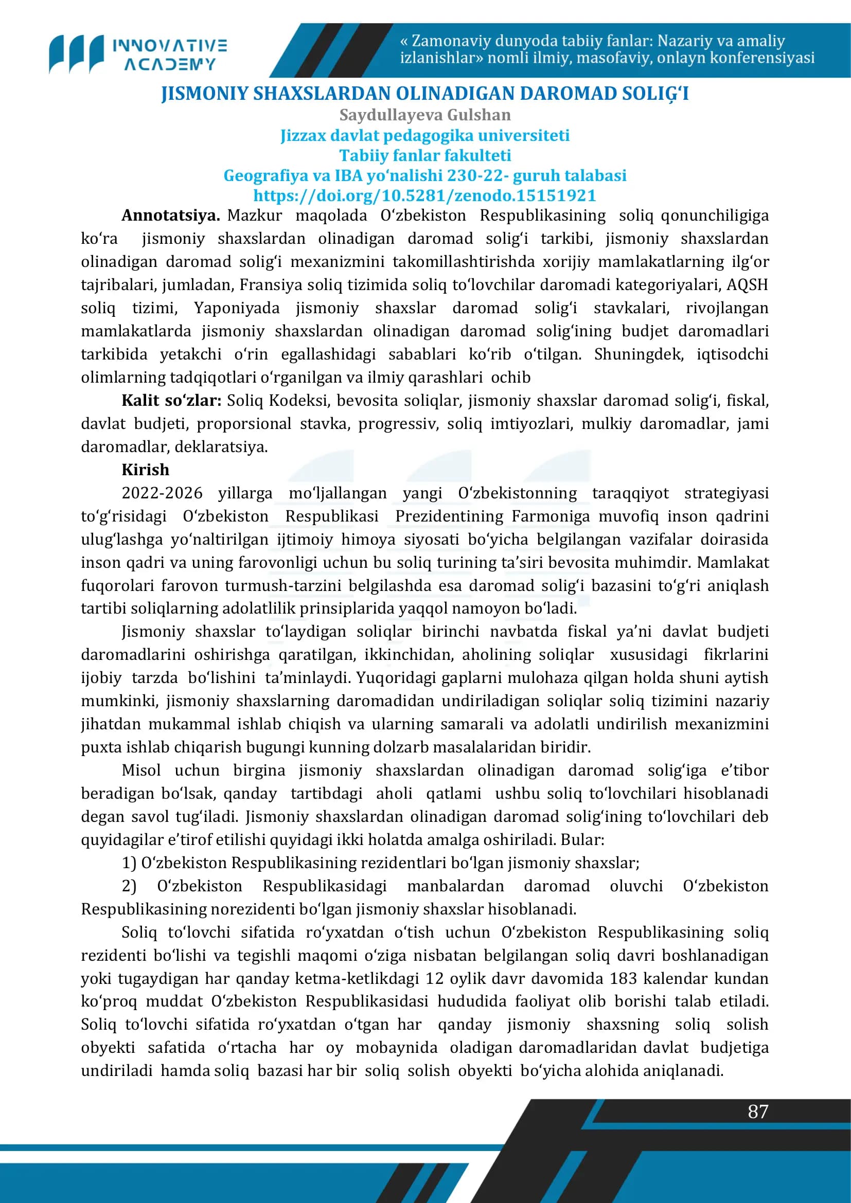 JISMONIY SHAXSLARDAN OLINADIGAN DAROMAD SOLIĢ‘I