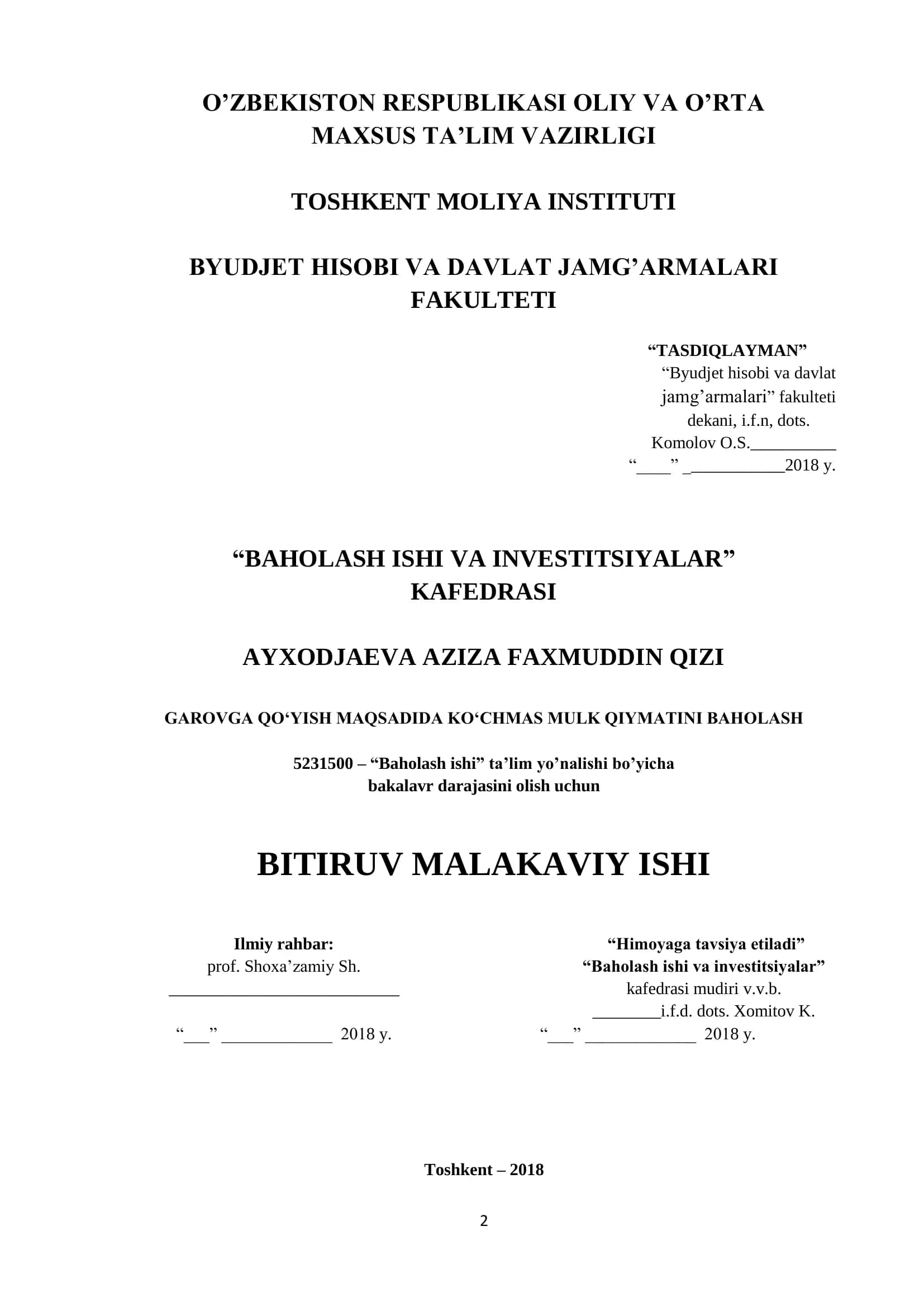 GAROVGA QO‘YISH MAQSADIDA KO‘CHMAS MULK QIYMATINI BAHOLASH