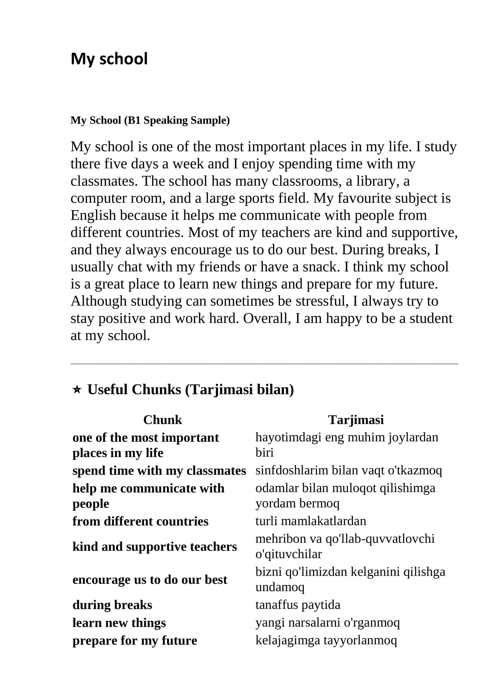 My School — B1 Speaking Sample | Ingliz tili