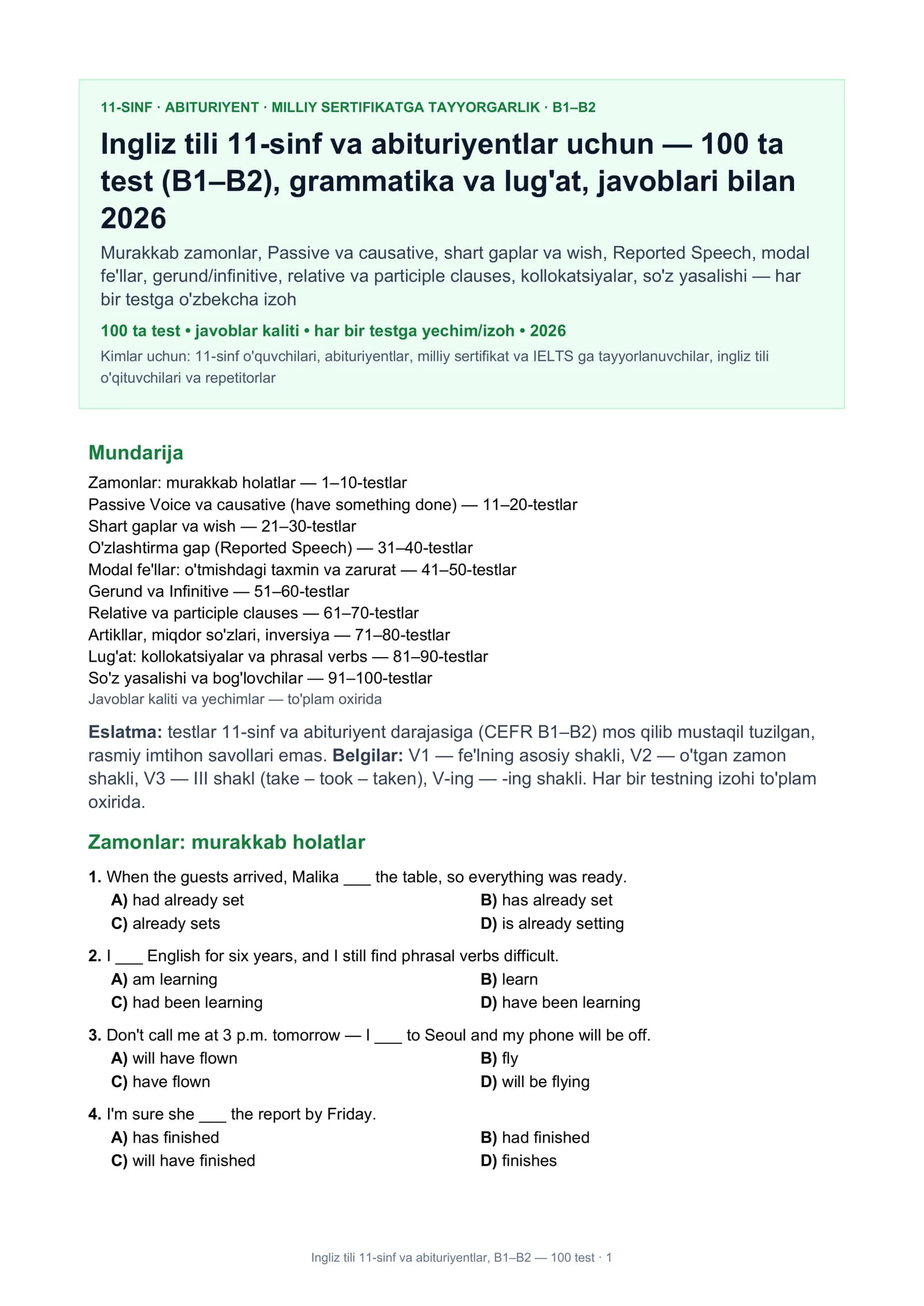 Ingliz tili 11-sinf va abituriyentlar, B1–B2