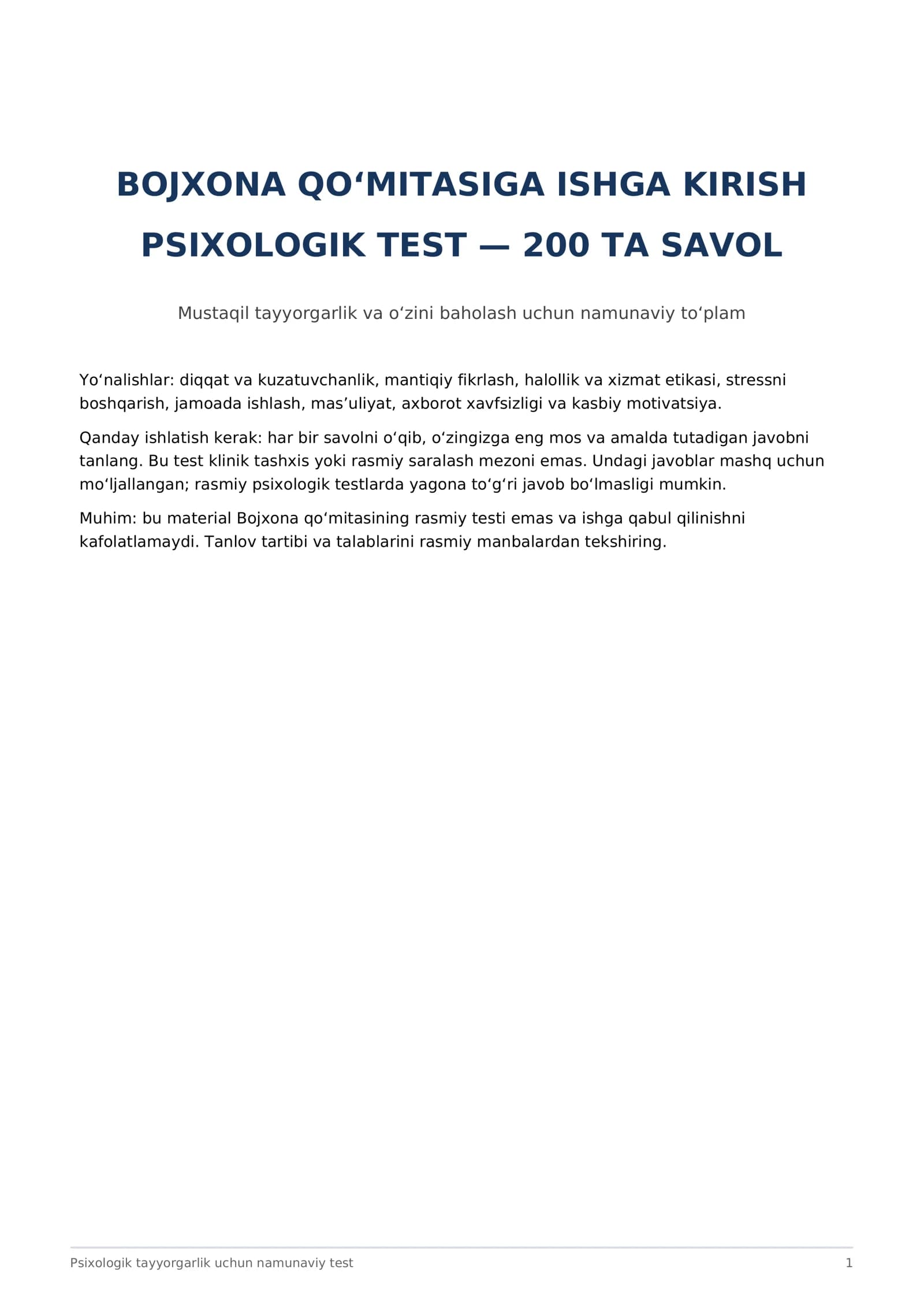 Bojxona qo‘mitasiga ishga kirish uchun 200 ta psixologik test — PDF
