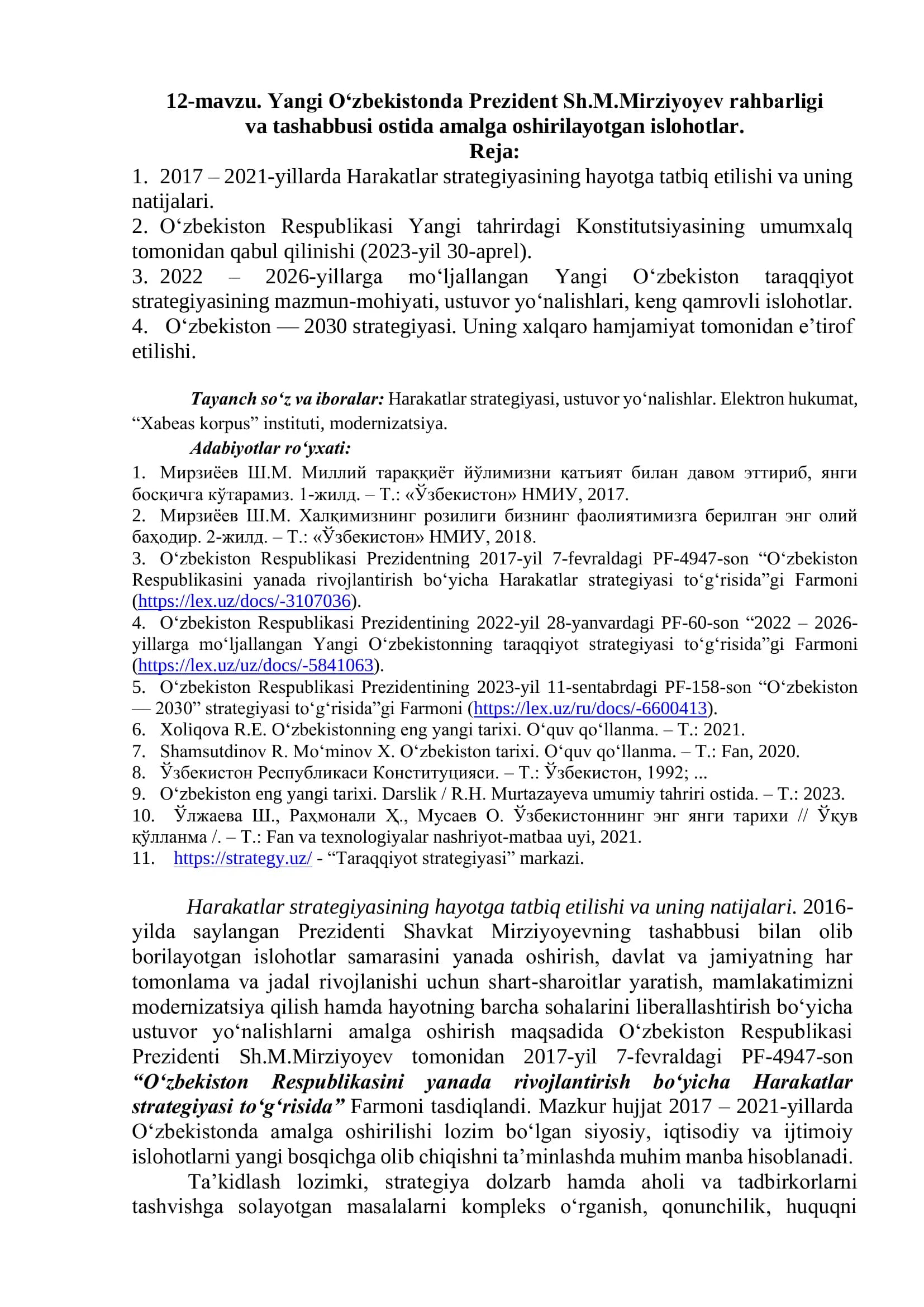 12-mavzu. Yangi O‘zbekistonda Prezident Sh.M.Mirziyoyev rahbarligi