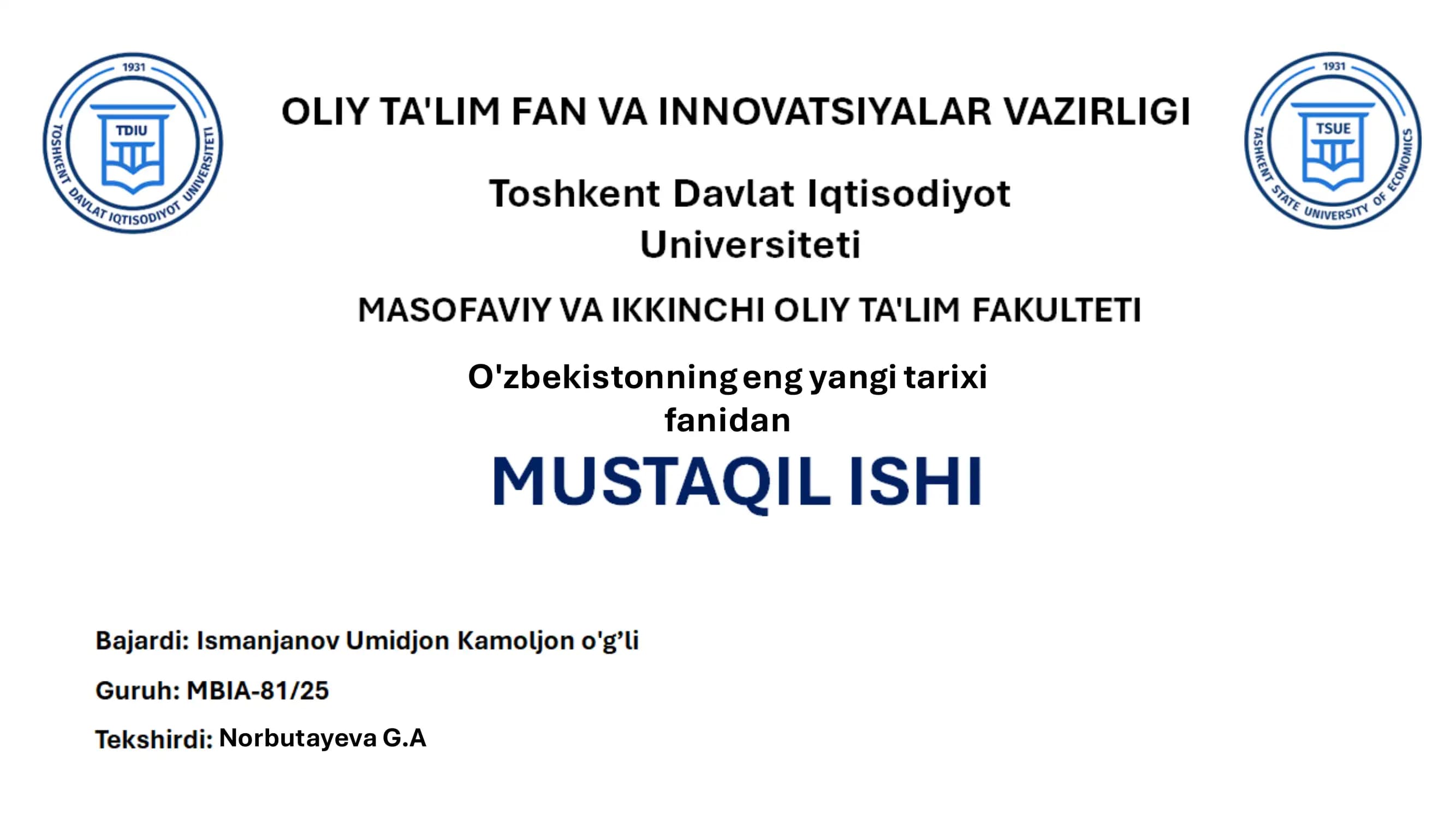 O'zbekistonning eng yangi tarixi