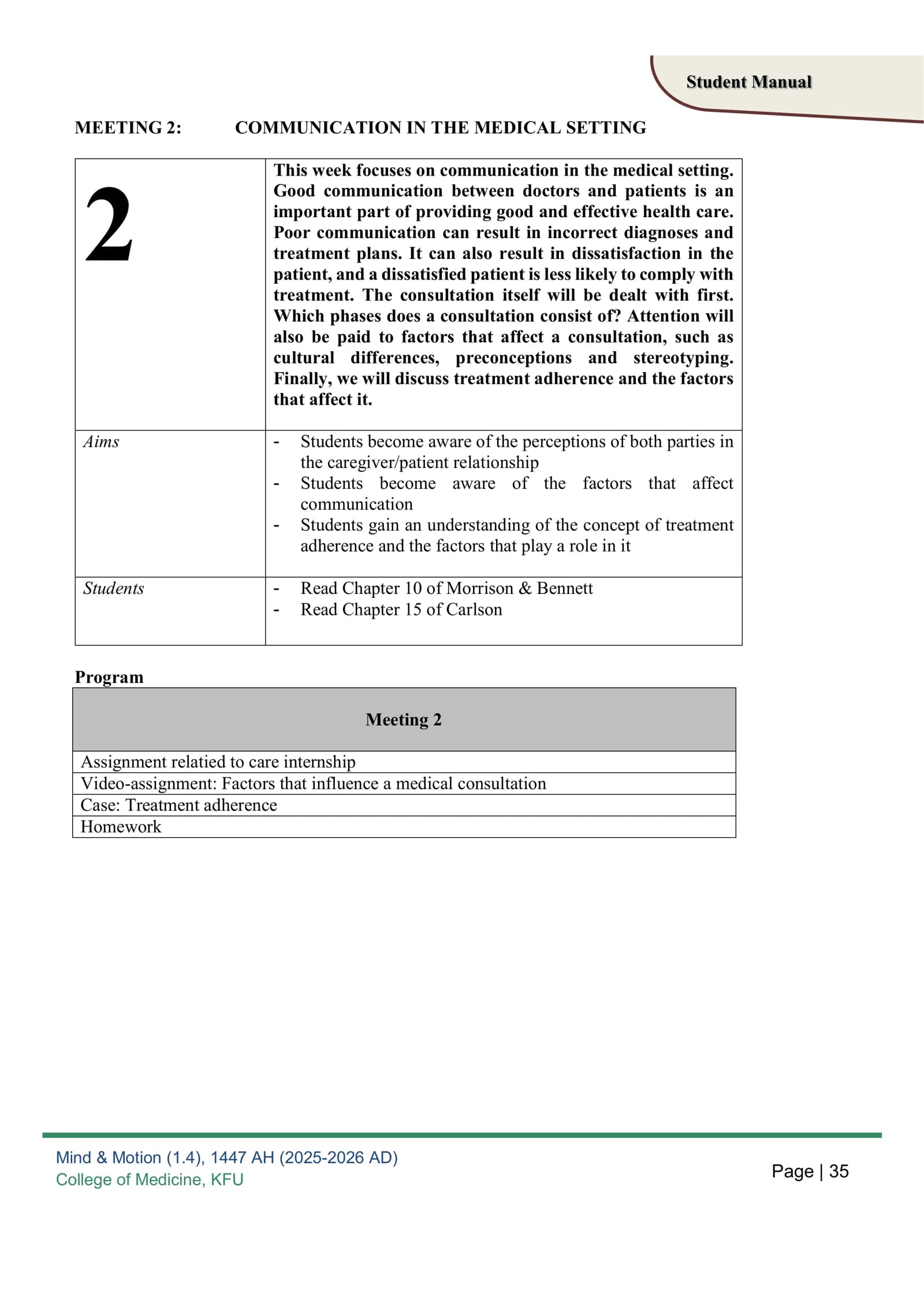 MEETING 2: COMMUNICATION IN THE MEDICAL SETTING