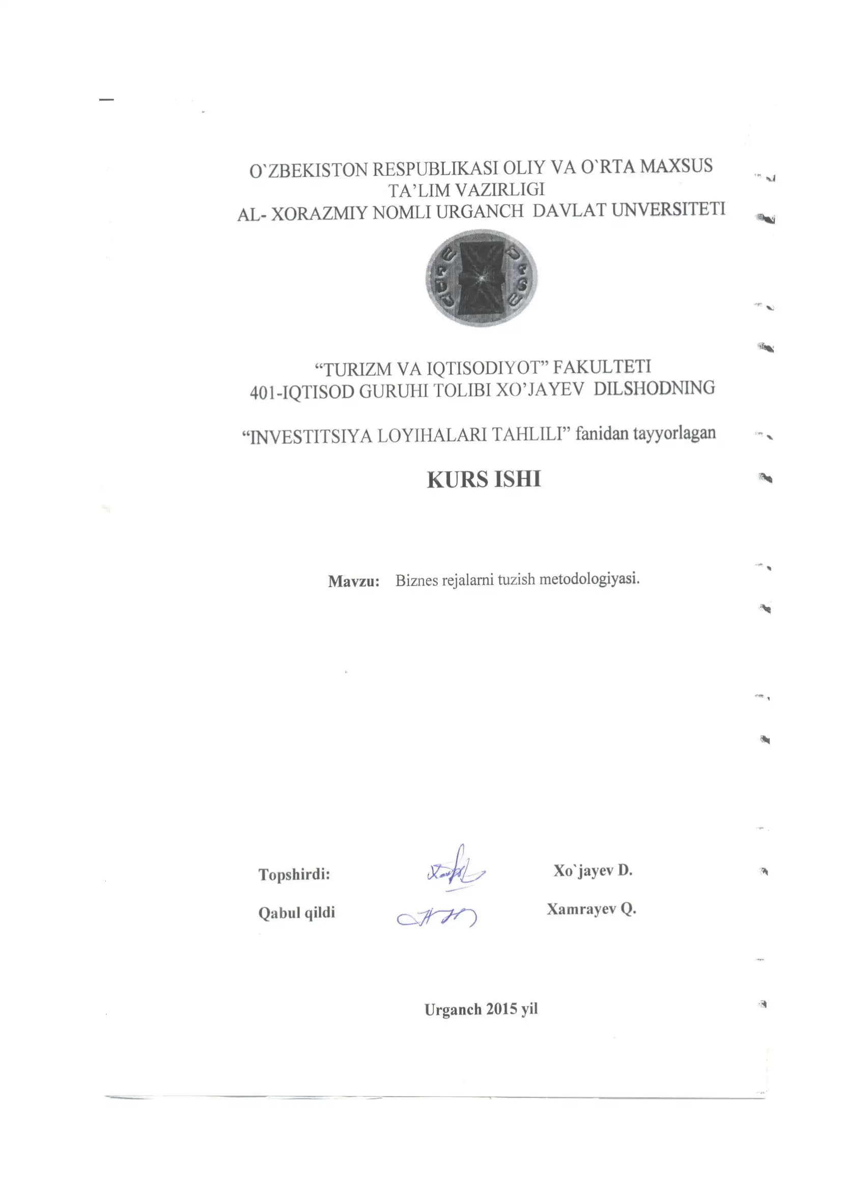 Biznes Rejani Tuzish va Baholash