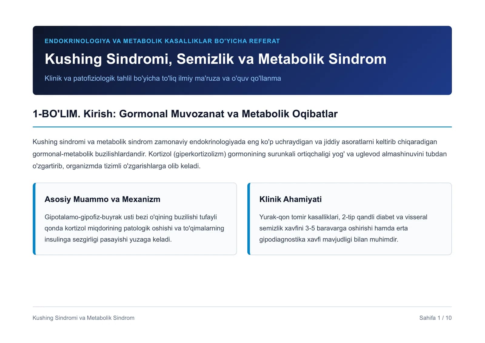 ENDOKRINOLOGIYA VA METABOLIK KASALLIKLAR BO'YICHA REFERAT