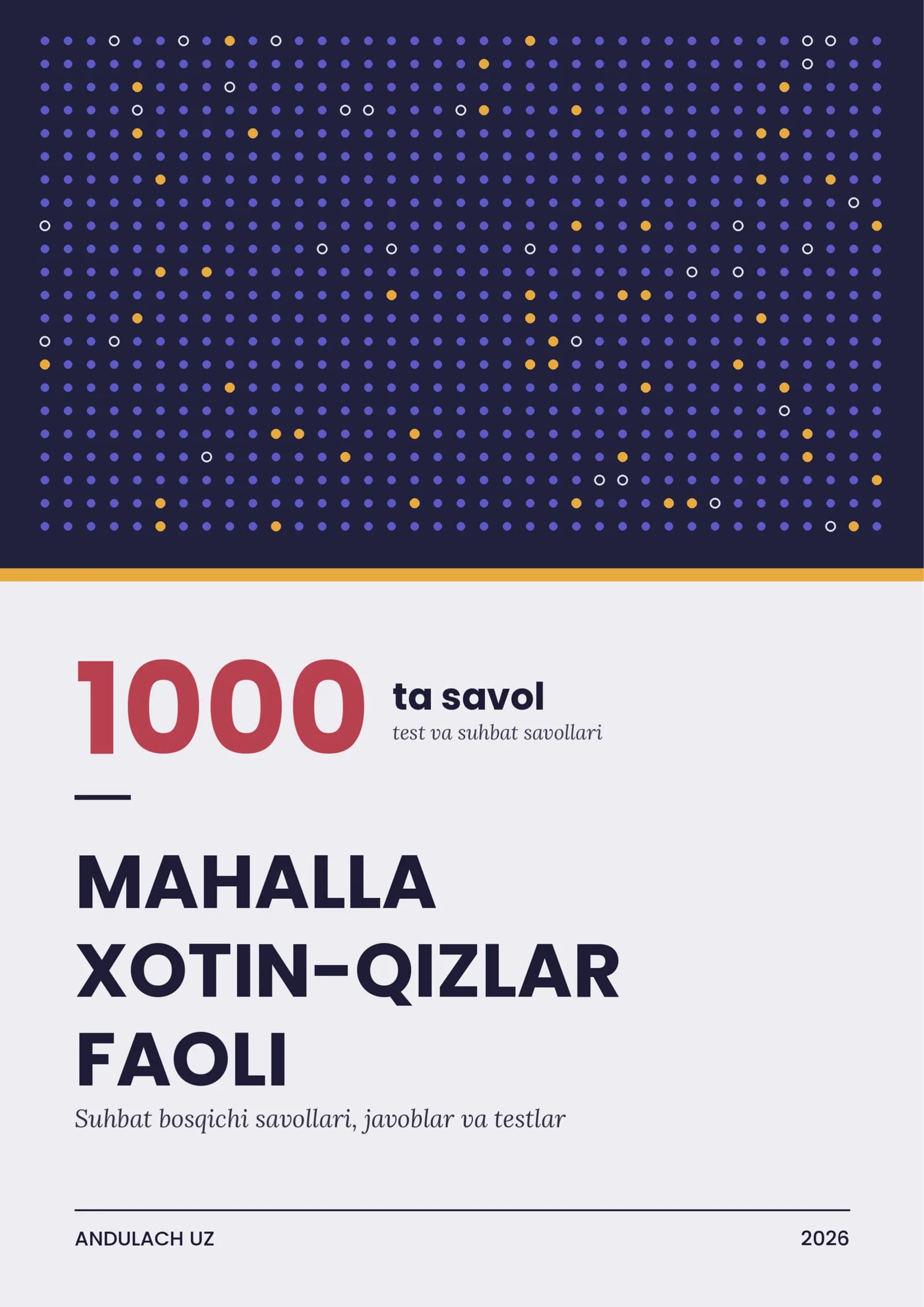 Mahalla xotin-qizlar faoli. Ishga kirish uchun suhbat savollari va testlar. Javoblari bilan birga. 1000 ta test