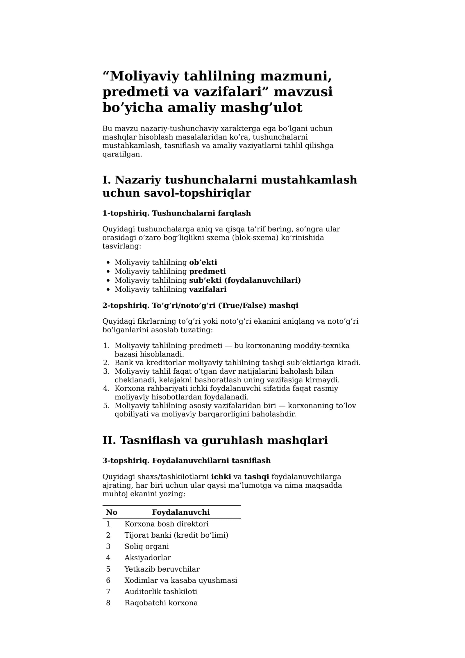 Moliyaviy tahlilning mazmuni, predmeti va vazifalari