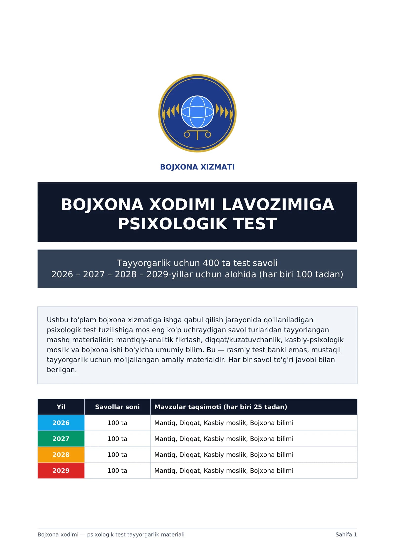 Bojxona xodimi — psixologik test tayyorgarlik materiali
