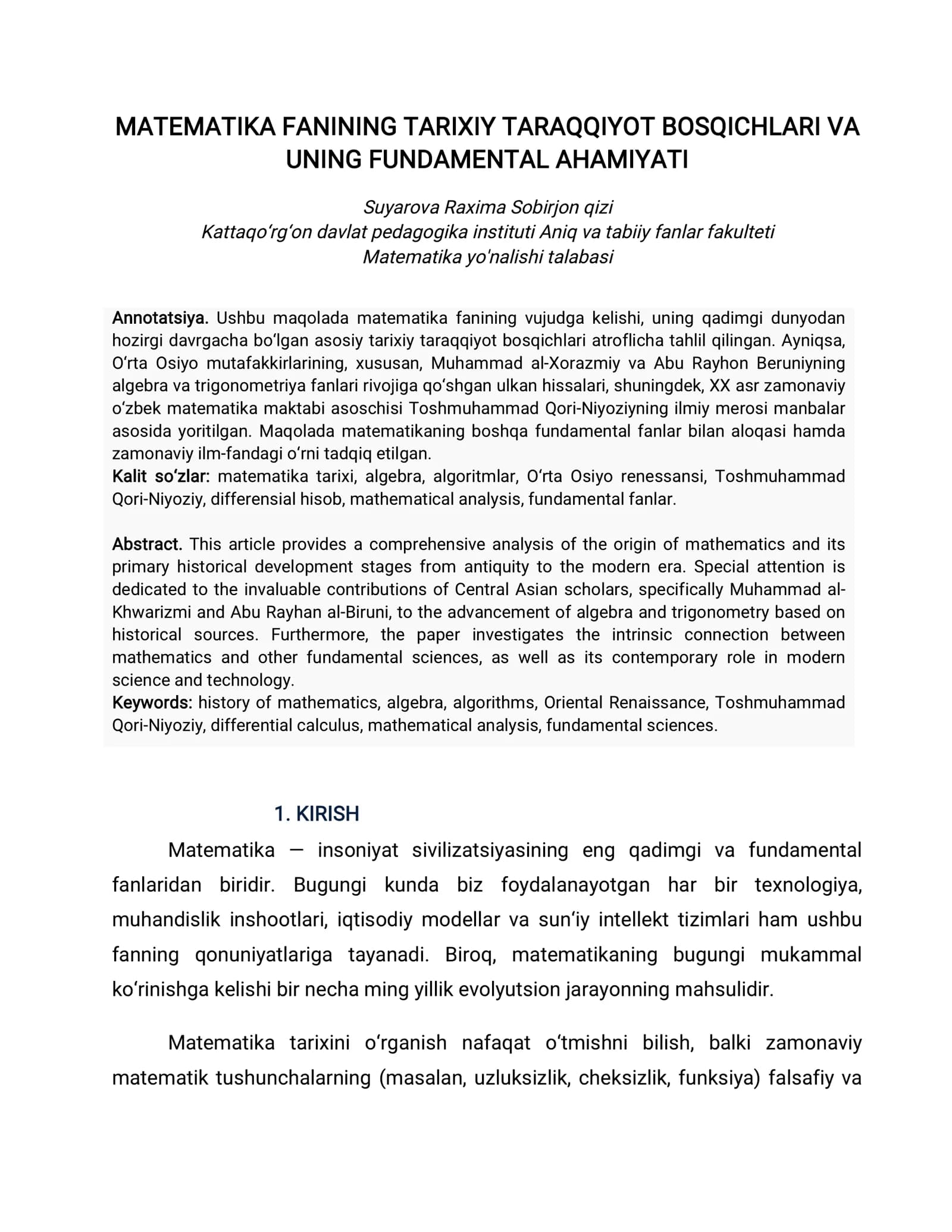 MATMATIKA FANINING TARIXIY TARAQQIYOT BOSQICHLARI VA UNING FUNDAMENTAL AHAMIYATI
