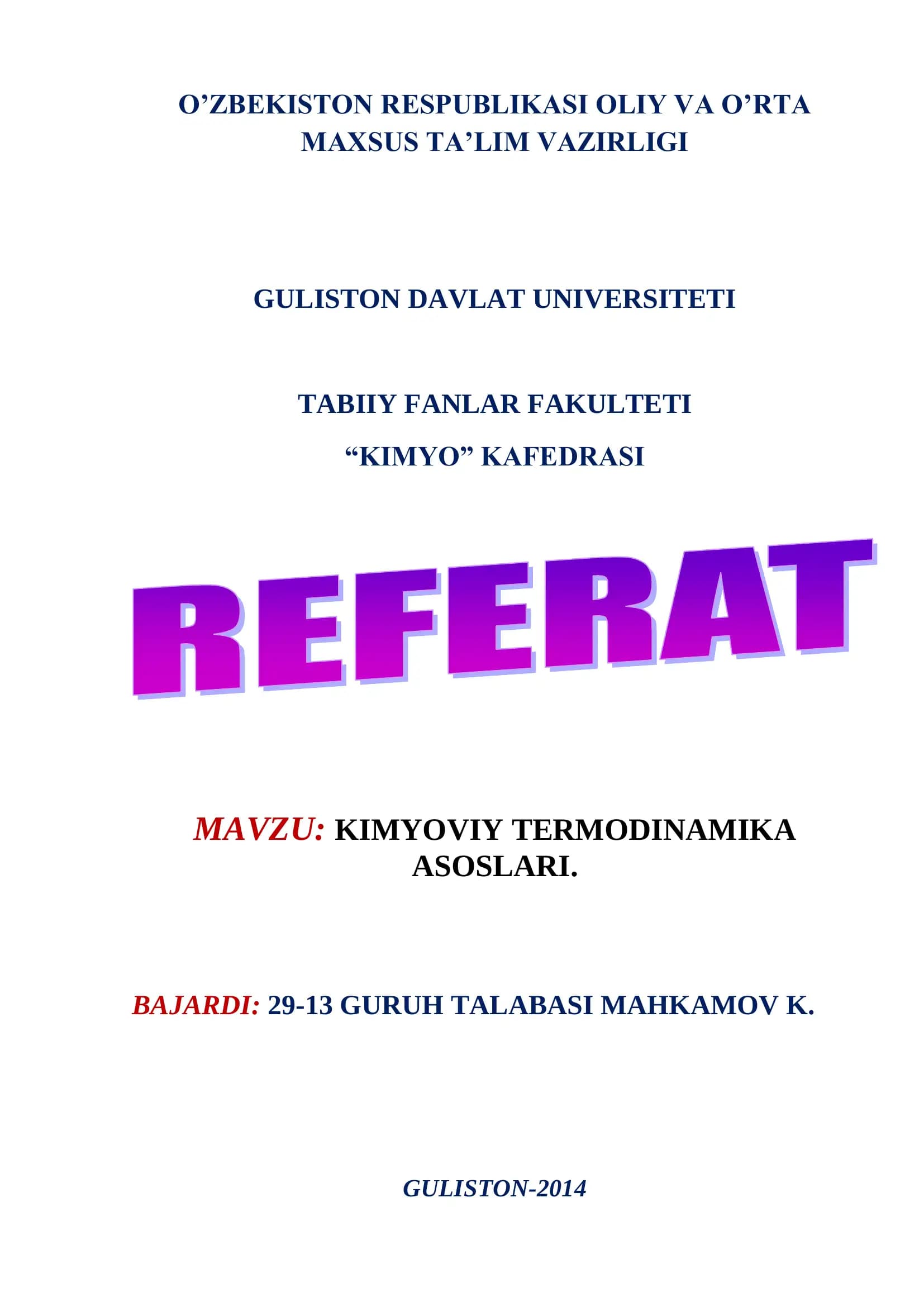 KIMYOVIY TERMODINAMIKA ASOSLARI