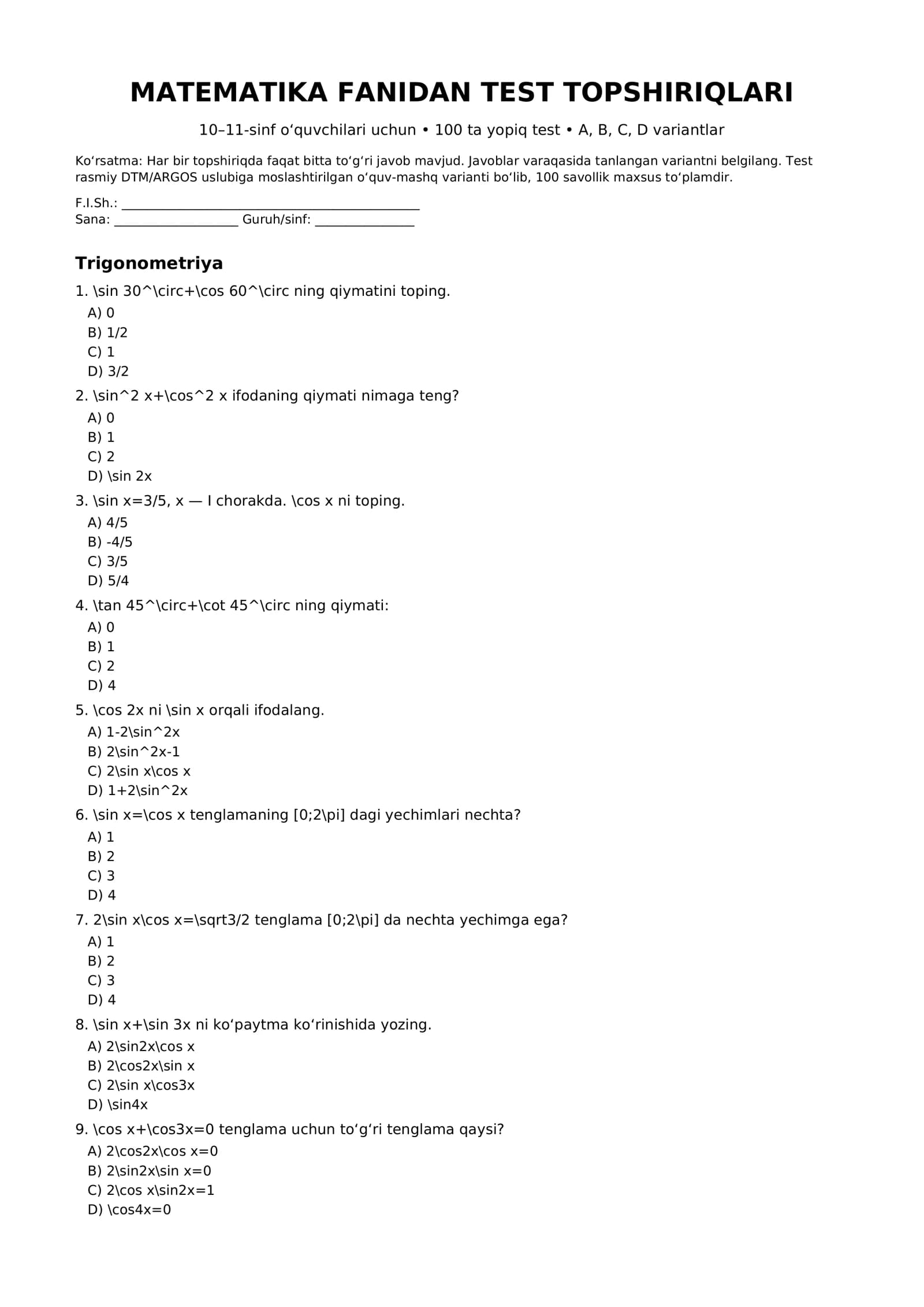 Argos matematika 10-11 sinflar uchun misol test namunalar