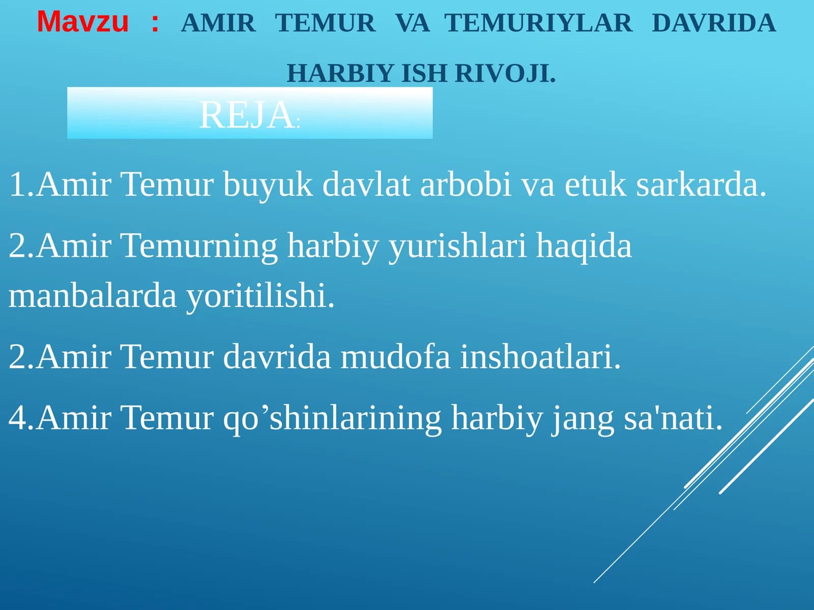 AMIR TEMUR VA TEMURIYLAR DAVRIDA HARBIY ISH RIVOJI