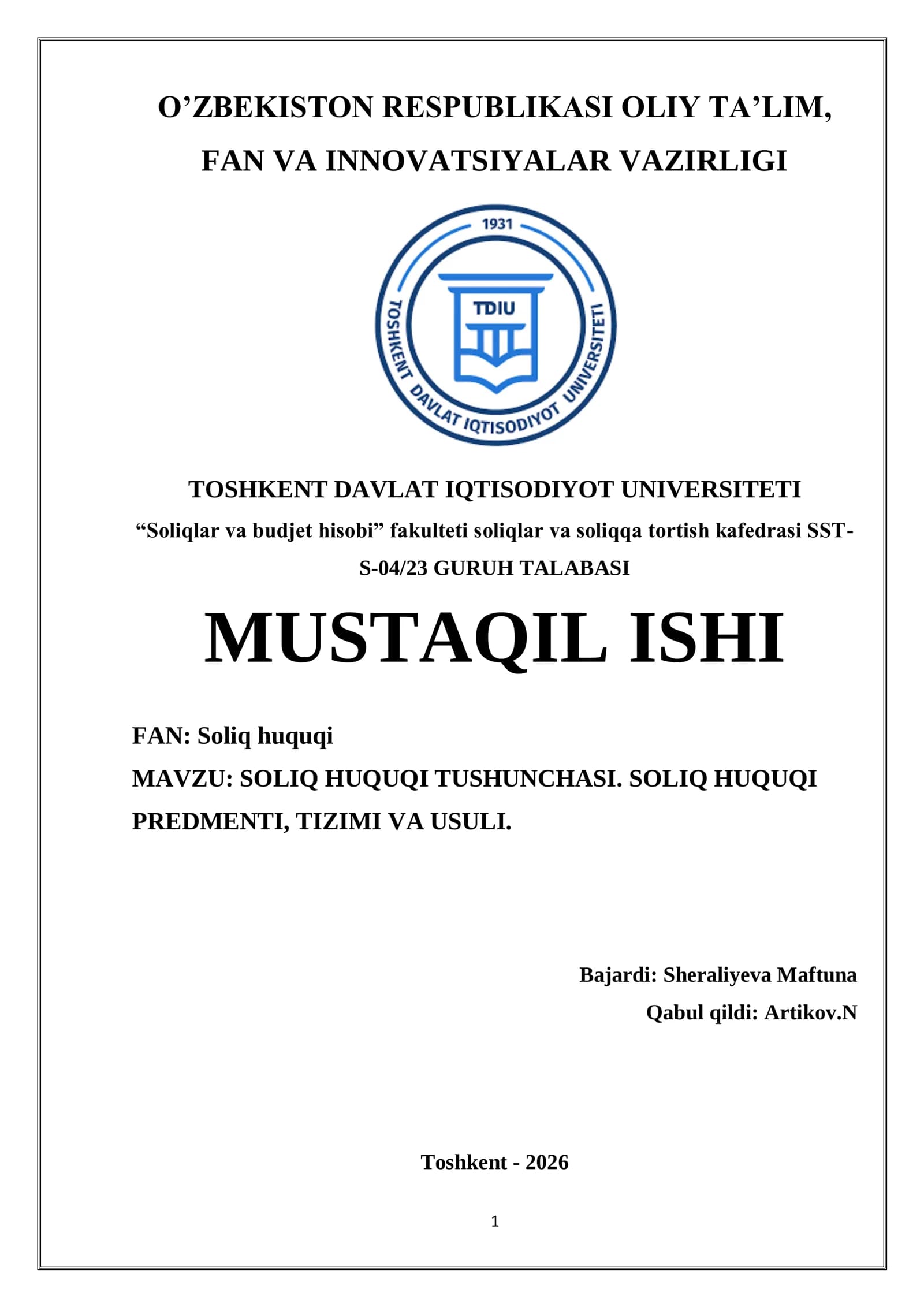 SOLIQ HUQUQI TUSHUNCHASI. SOLIQ HUQUQI PREDMETI, TIZIMI VA USULI
