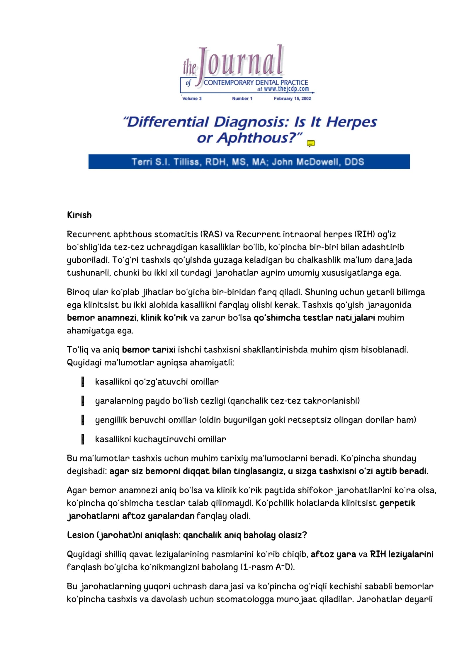 Recurrent aphthous stomatitis (RAS) va Recurrent intraoral herpes (RIH) ogʻiz bo‘shlig‘ida tez-tez uchraydigan kasalliklar