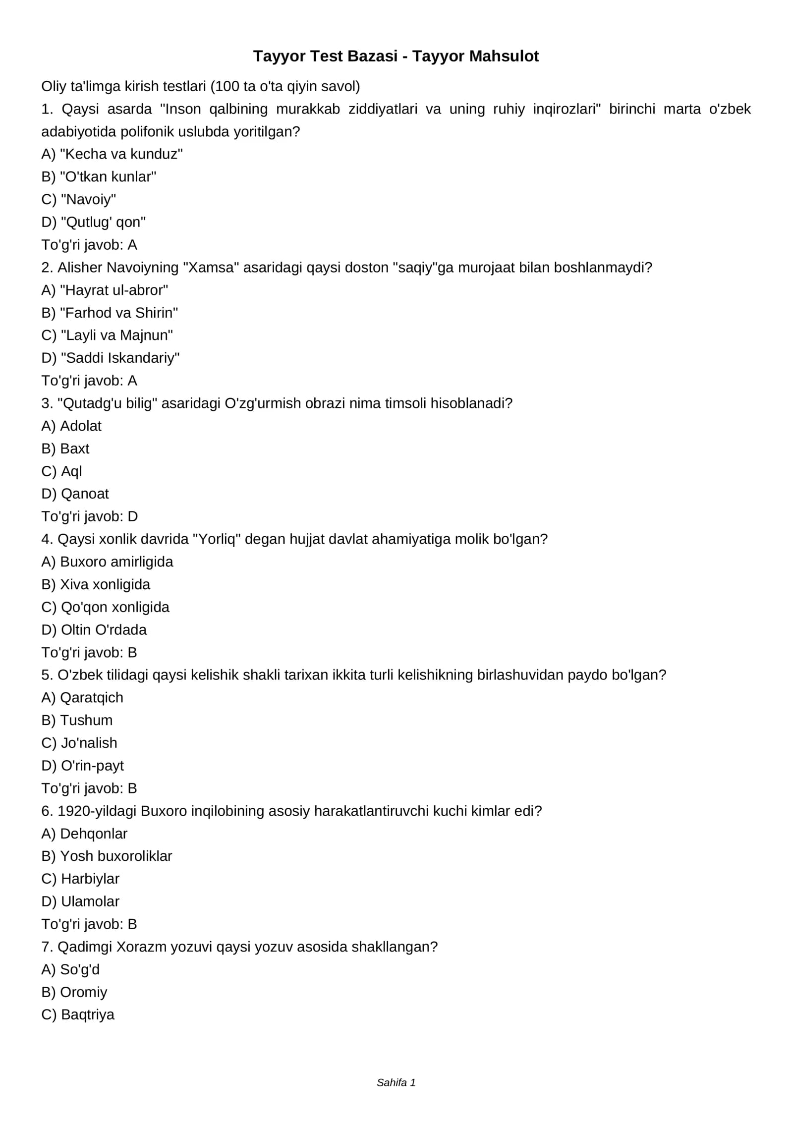 Tayyor Test Bazasi