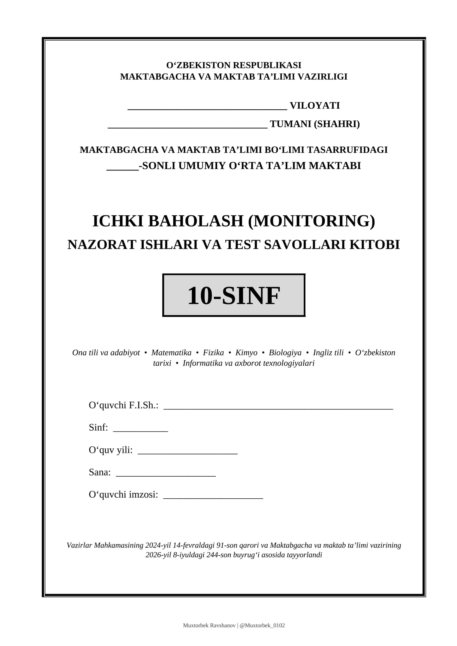 NAZORAT ISHLARI VA TEST SAVOLLARI KITOBI 10-SINF