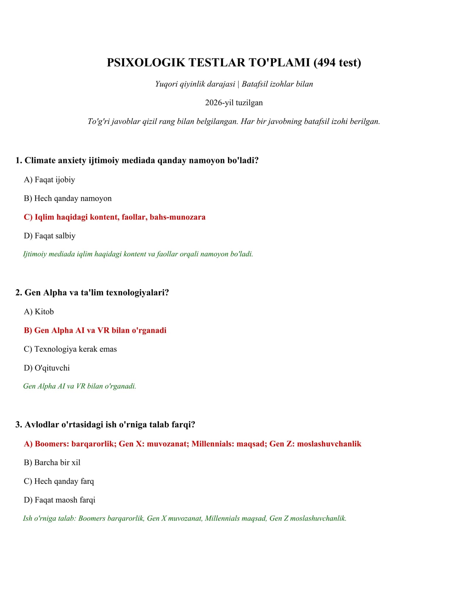 PSIXOLOGIK TESTLAR TO'PLAMI (494 test)