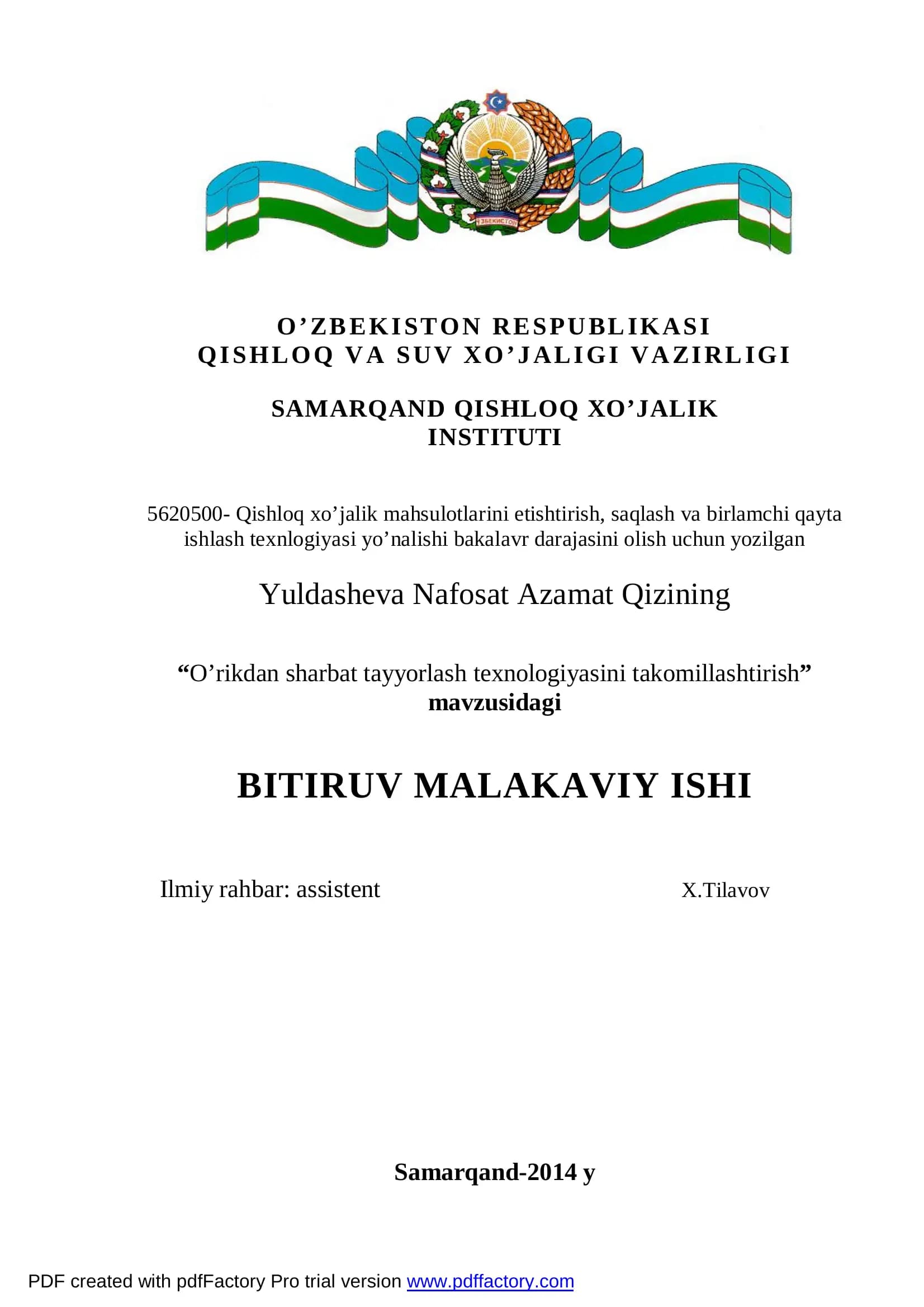 "O’rikdan sharbat tayyorlash texnologiyasini takomillashtirish" mavzusidagi BITIRUV MALAKAVIY ISHI