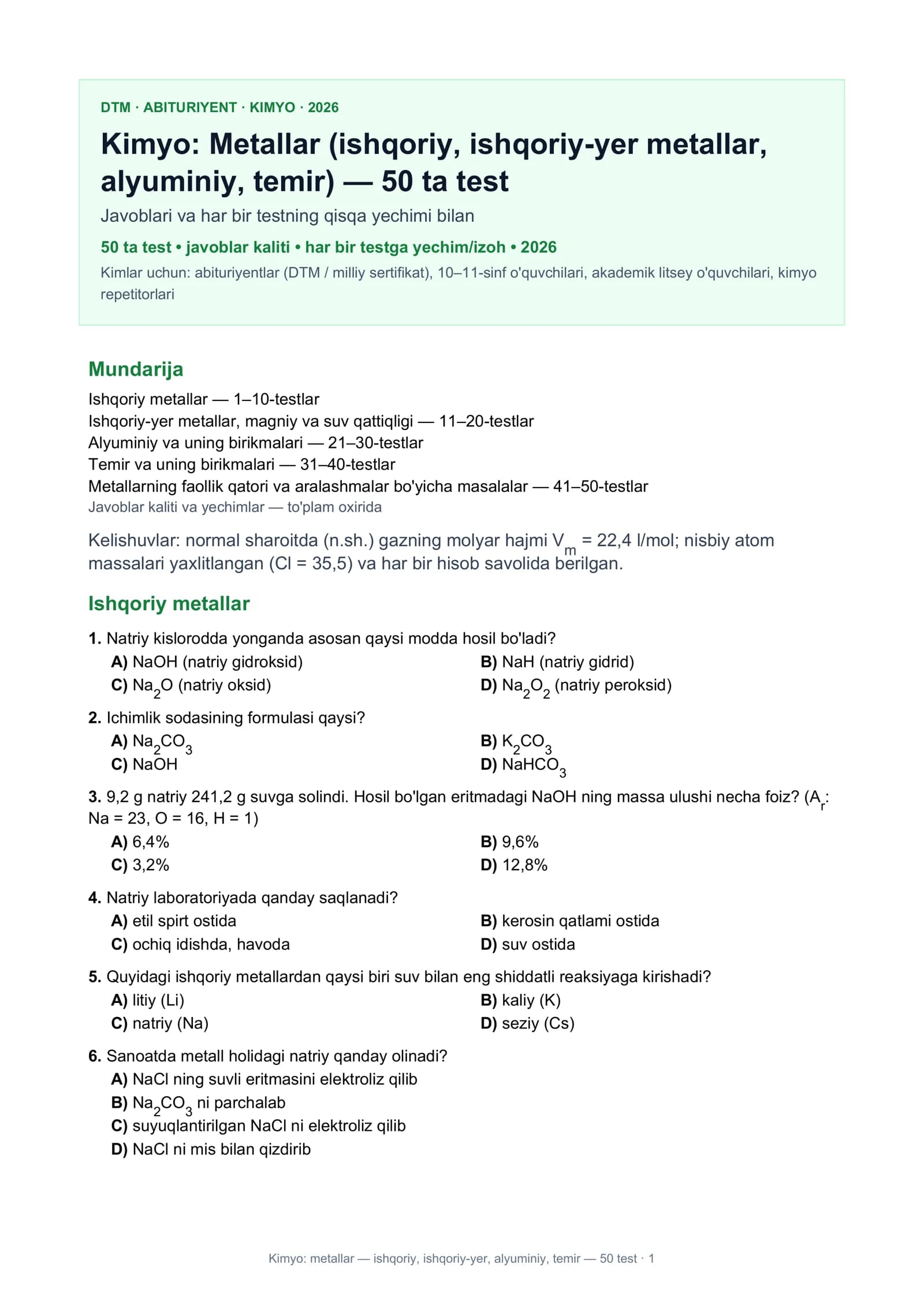 Kimyo: Metallar (ishqoriy, ishqoriy-yer, alyuminiy, temir)