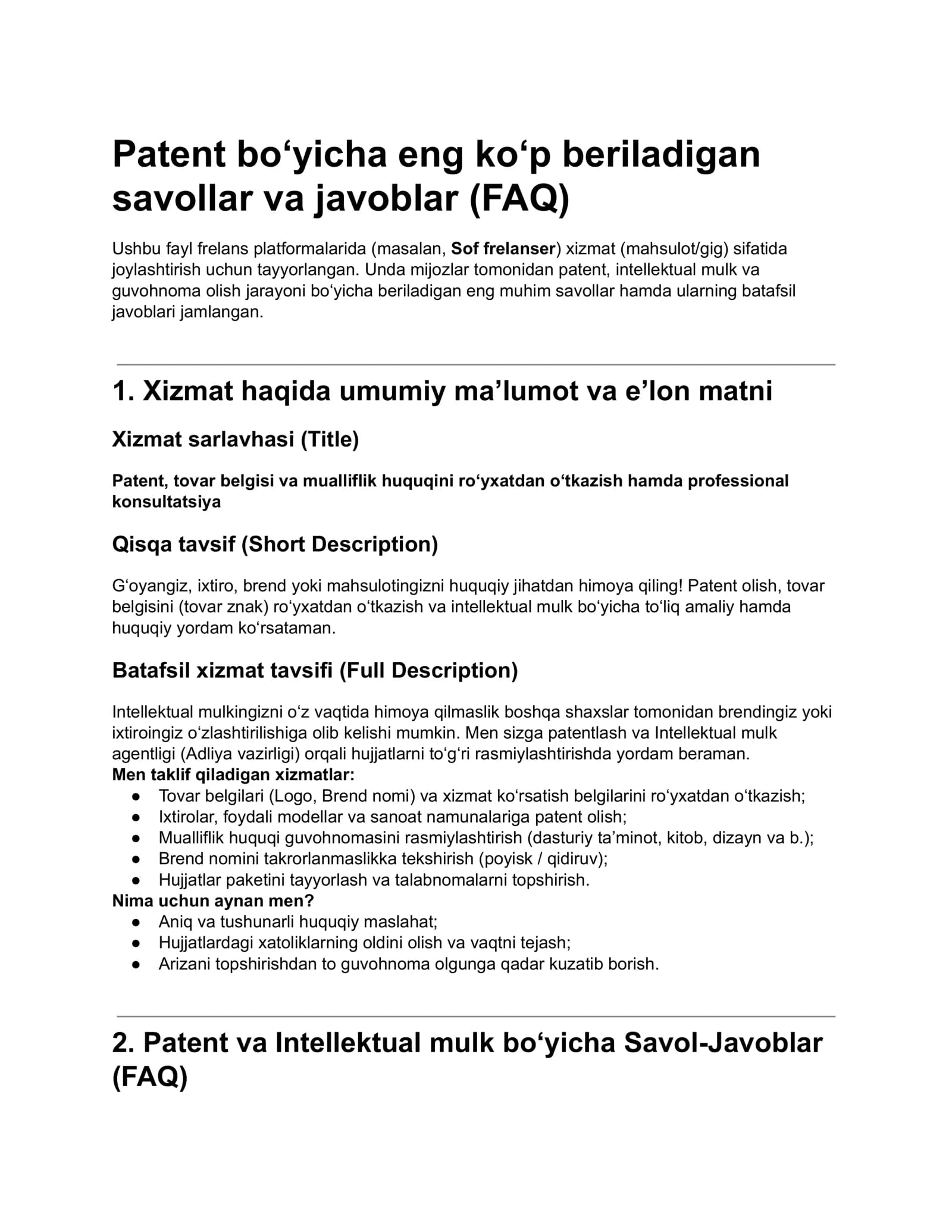 Patent savol javoblari