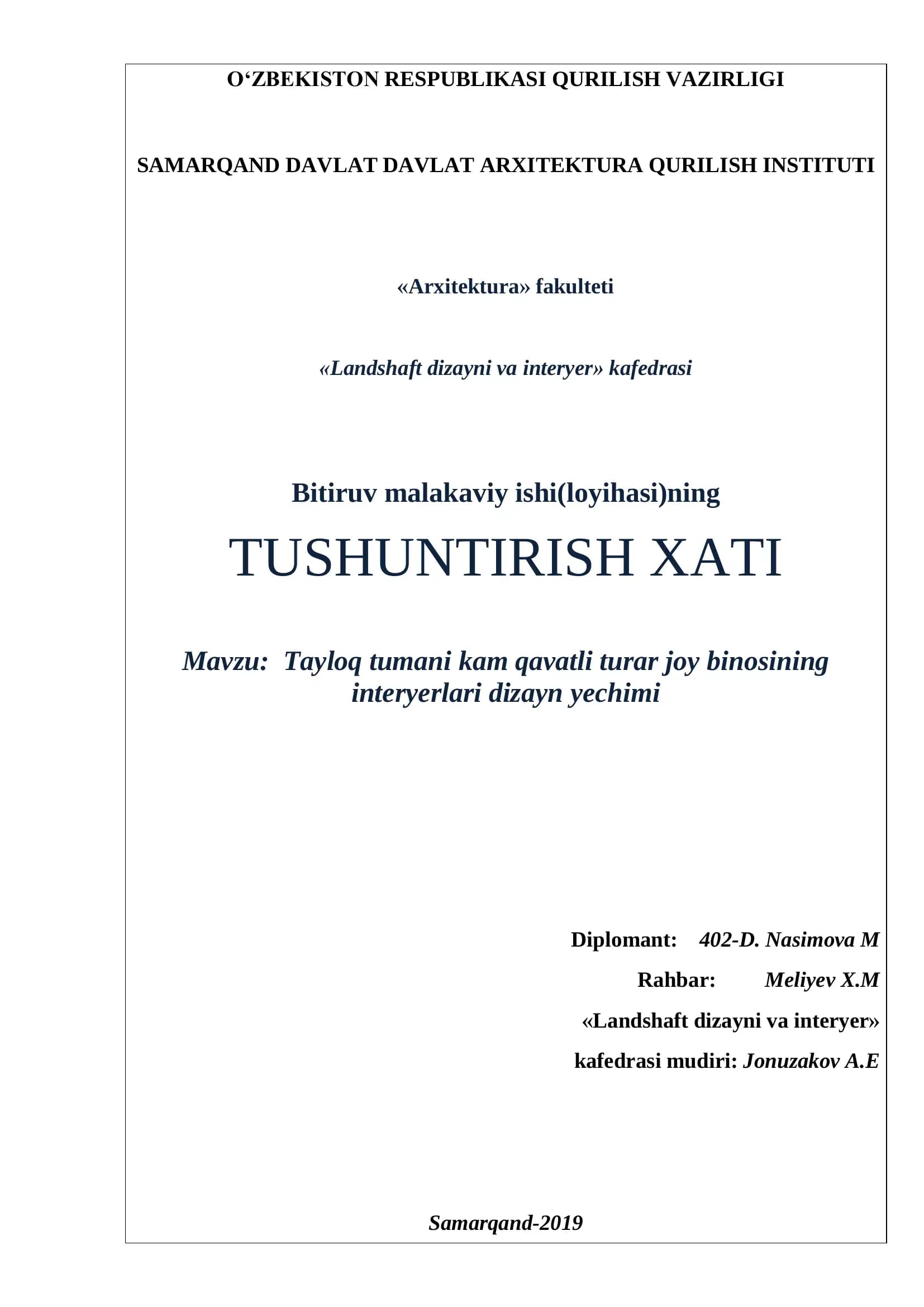Tayloq tumani kam qavatli turar joy binosining interyerlari dizayn yechimi