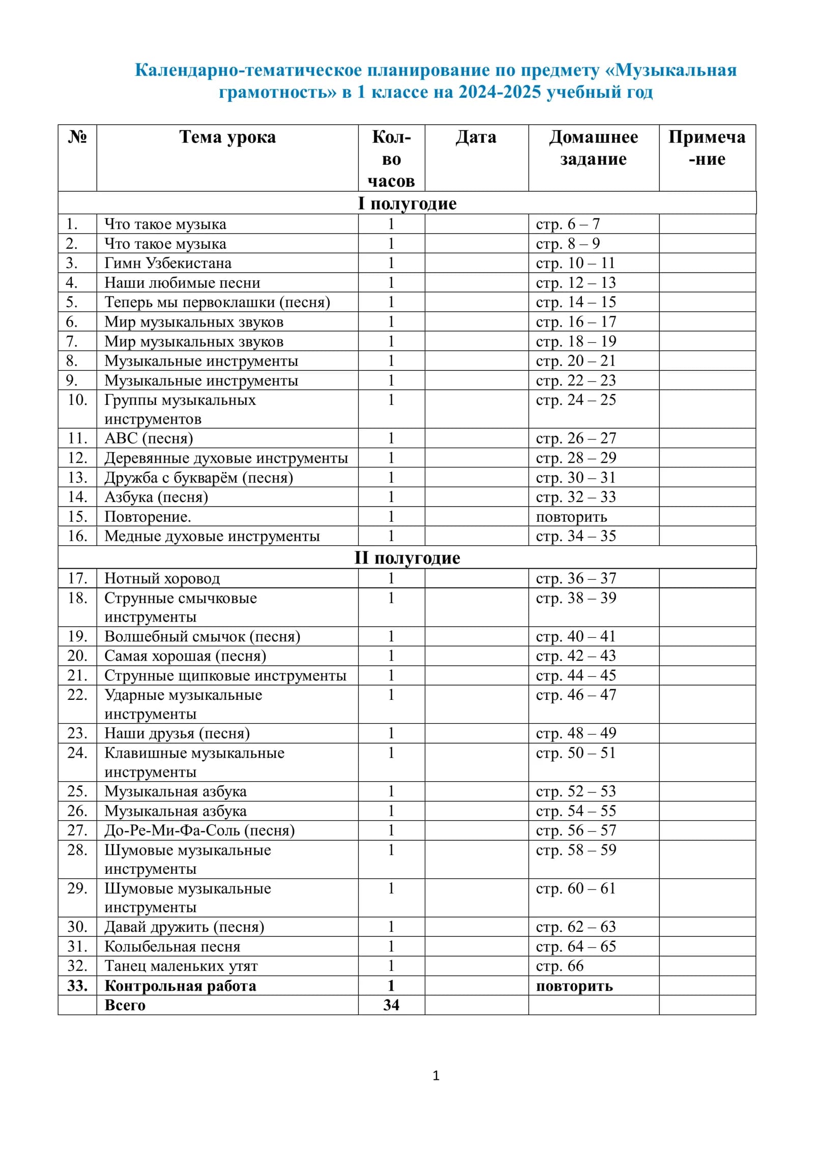 Календарно-тематическое планирование по предмету «Музыкальная грамотность» в 1 классе на 2024-2025 учебный год