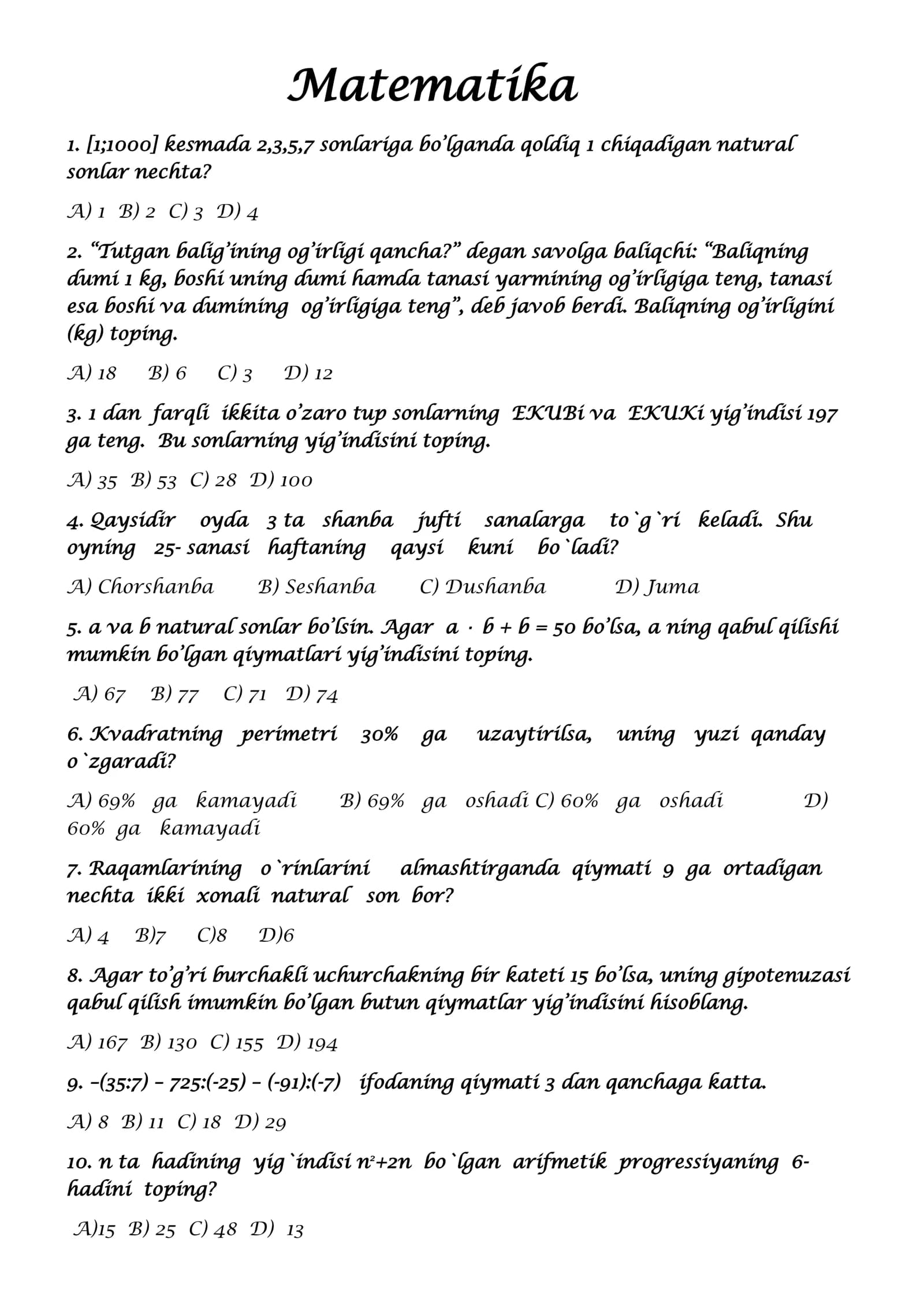 Matematika savollar