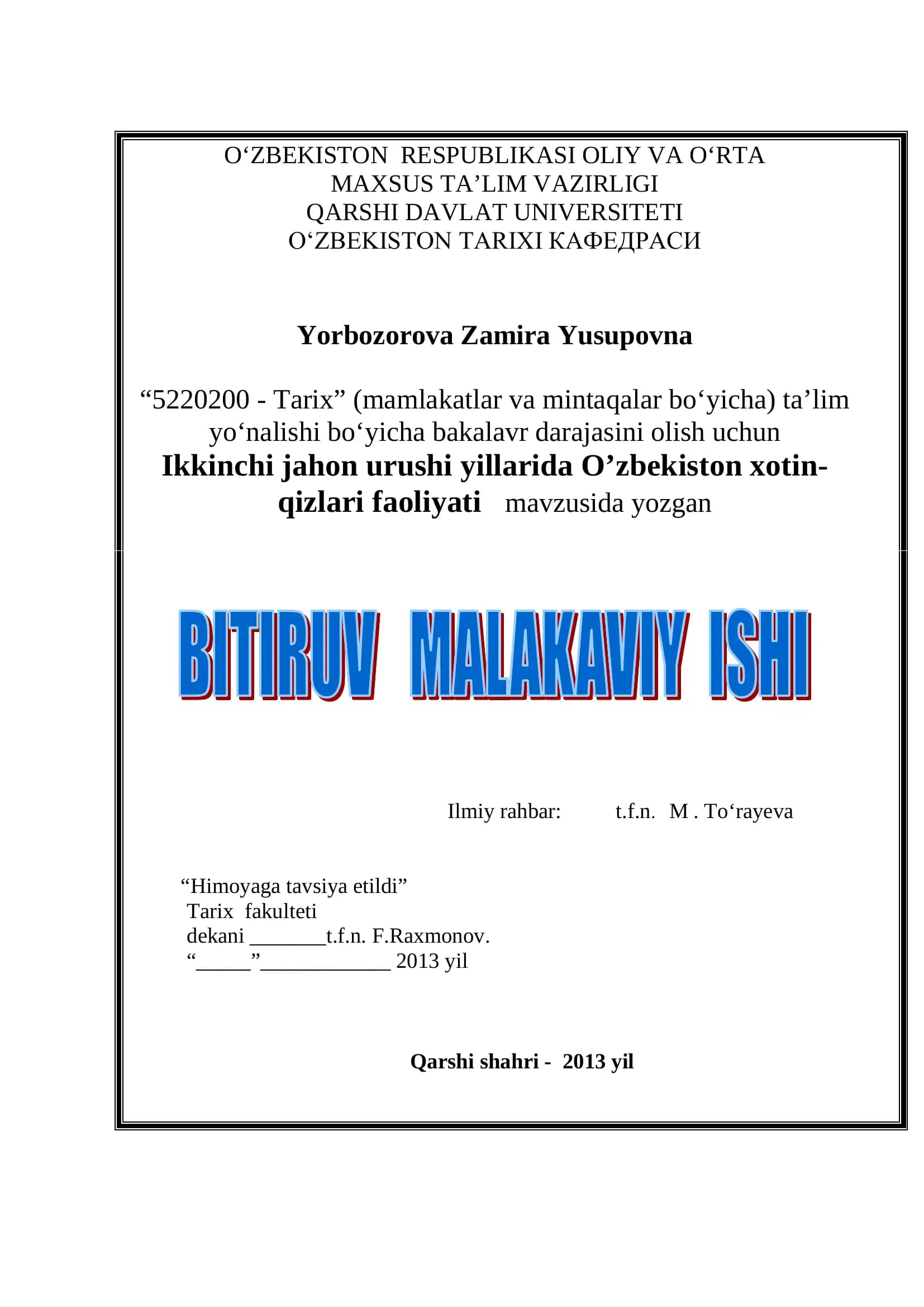 Ikkinchi Jahon Urushi Yillarida O’zbekiston Xotin-Qizlari Faoliyati