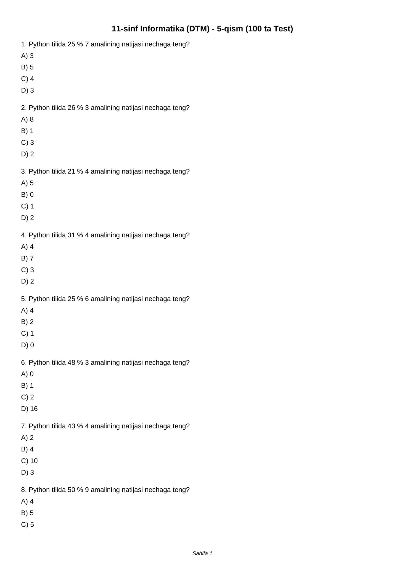 11-sinf Informatika (DTM) - 5-qism (100 ta Test)
