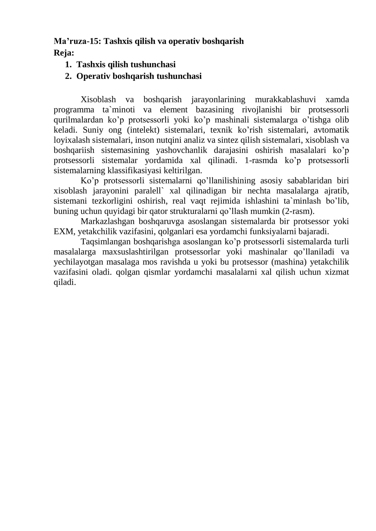 Tashxis qilish va operativ boshqarish
