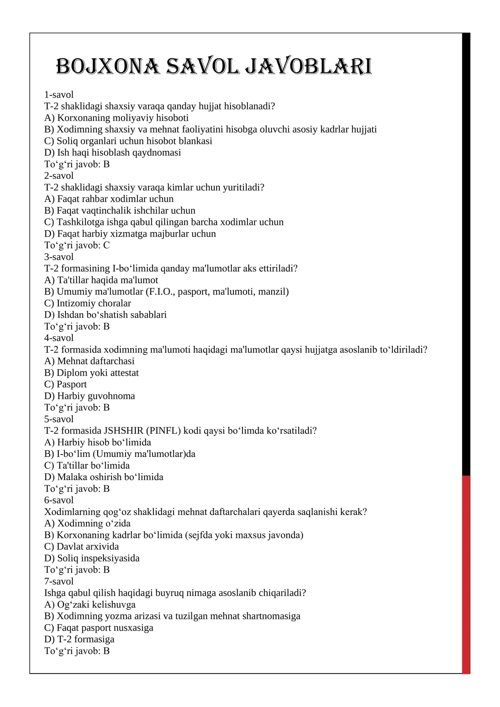 Bojxona savol javoblari 50ta test