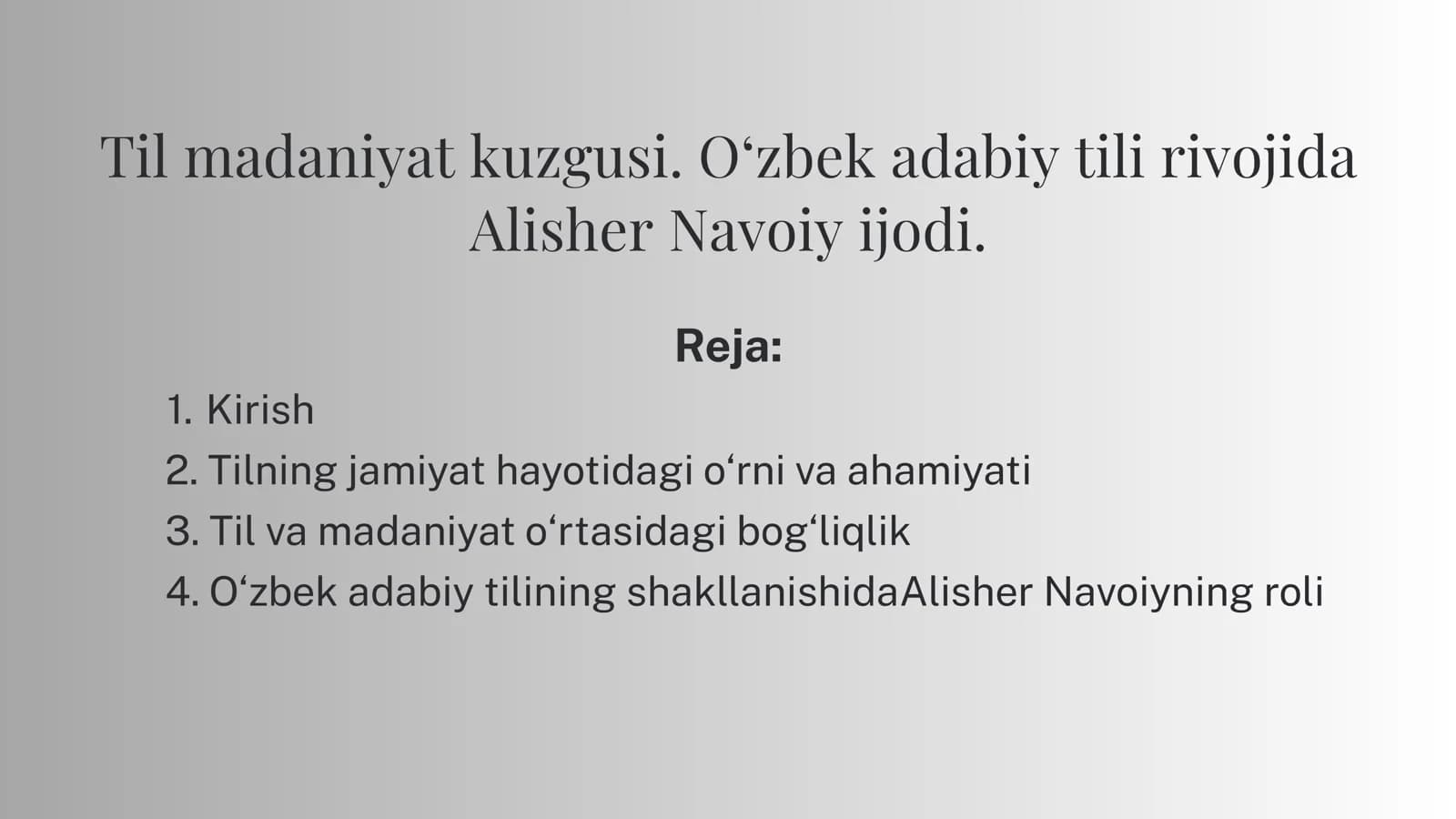 Til madaniyat kuzgusi. O‘zbek adabiy tili rivojida Alisher Navoiy ijodi.