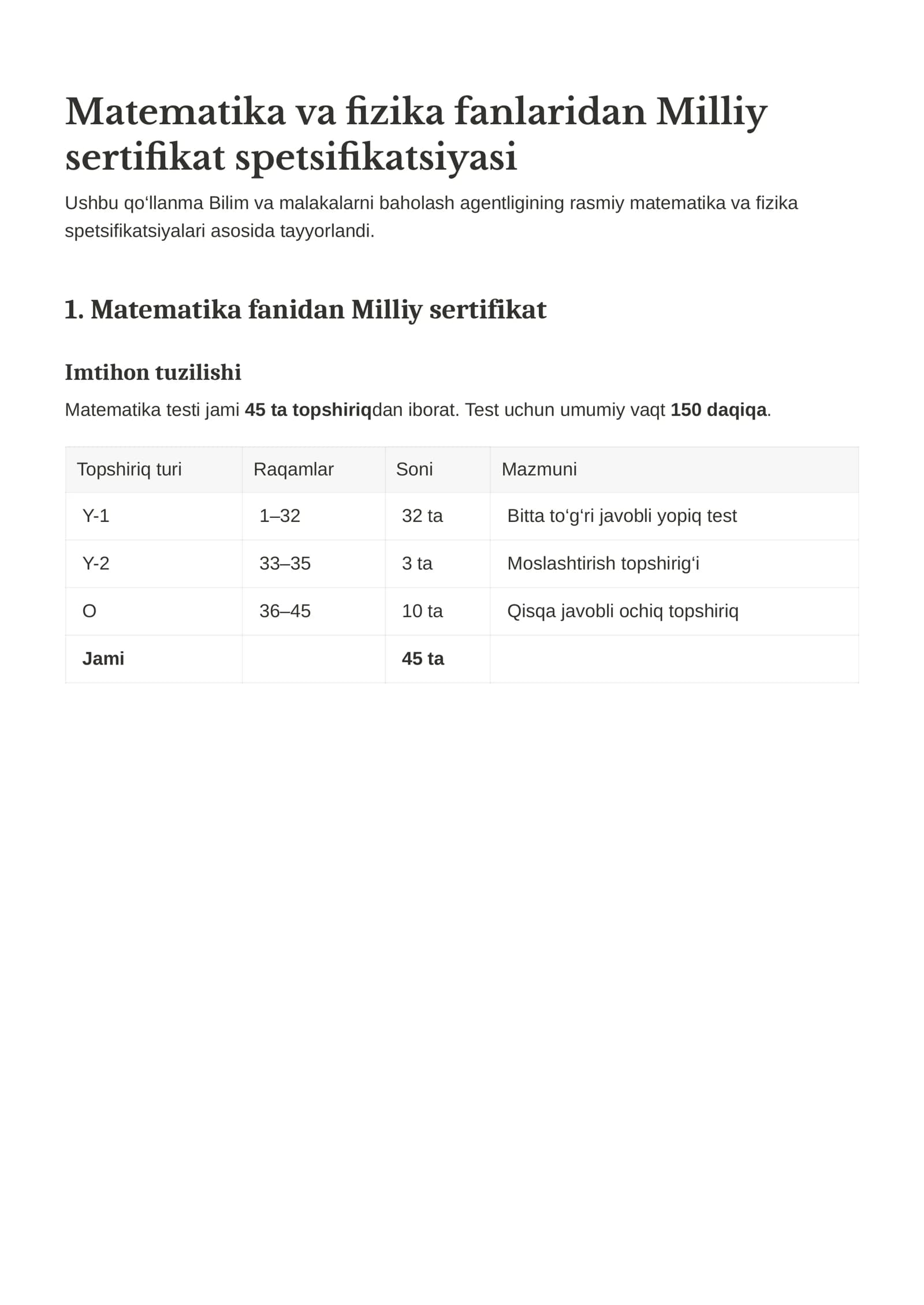 Matematika va fizika fanlaridan Milliy sertifikat spetsifikatsiyasi