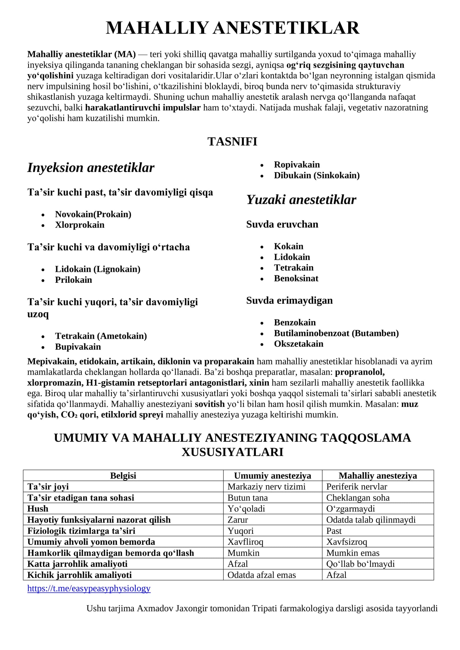 MAHALLIY ANESTETIKLAR