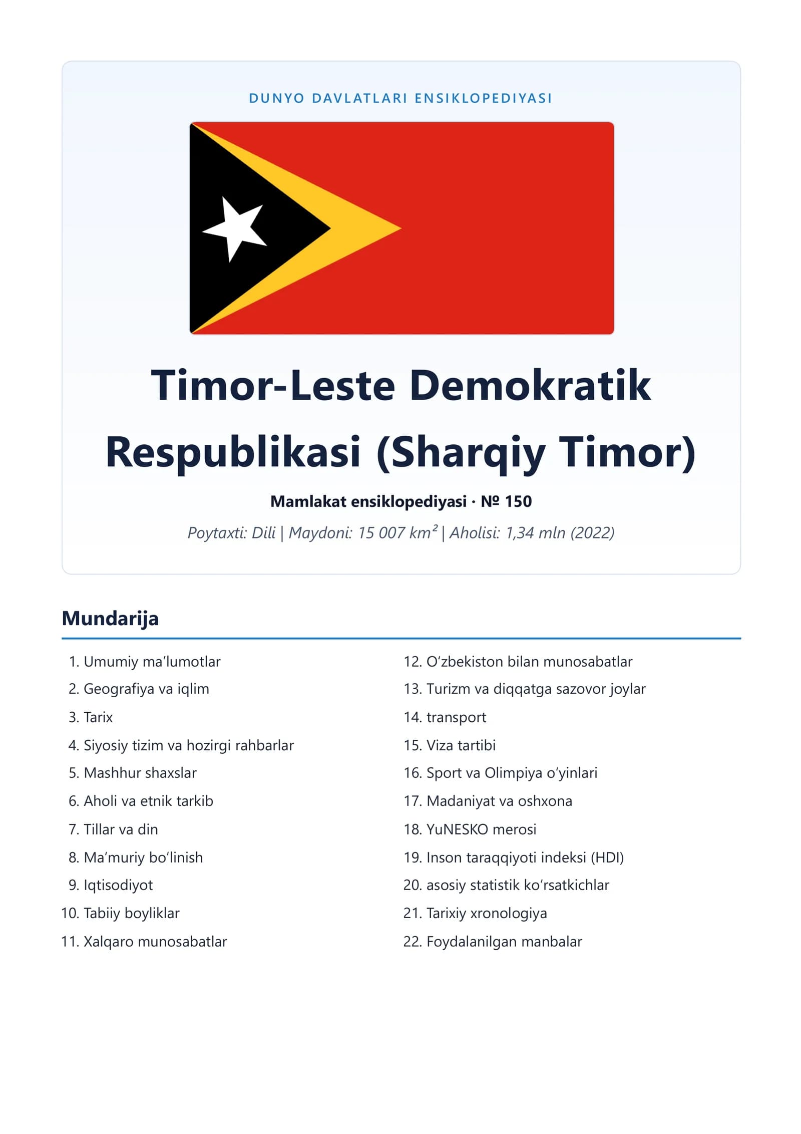DUNYO DAVLATLARI ENSIKLOPEDIYASI Timor-Leste Demokratik Respublikasi