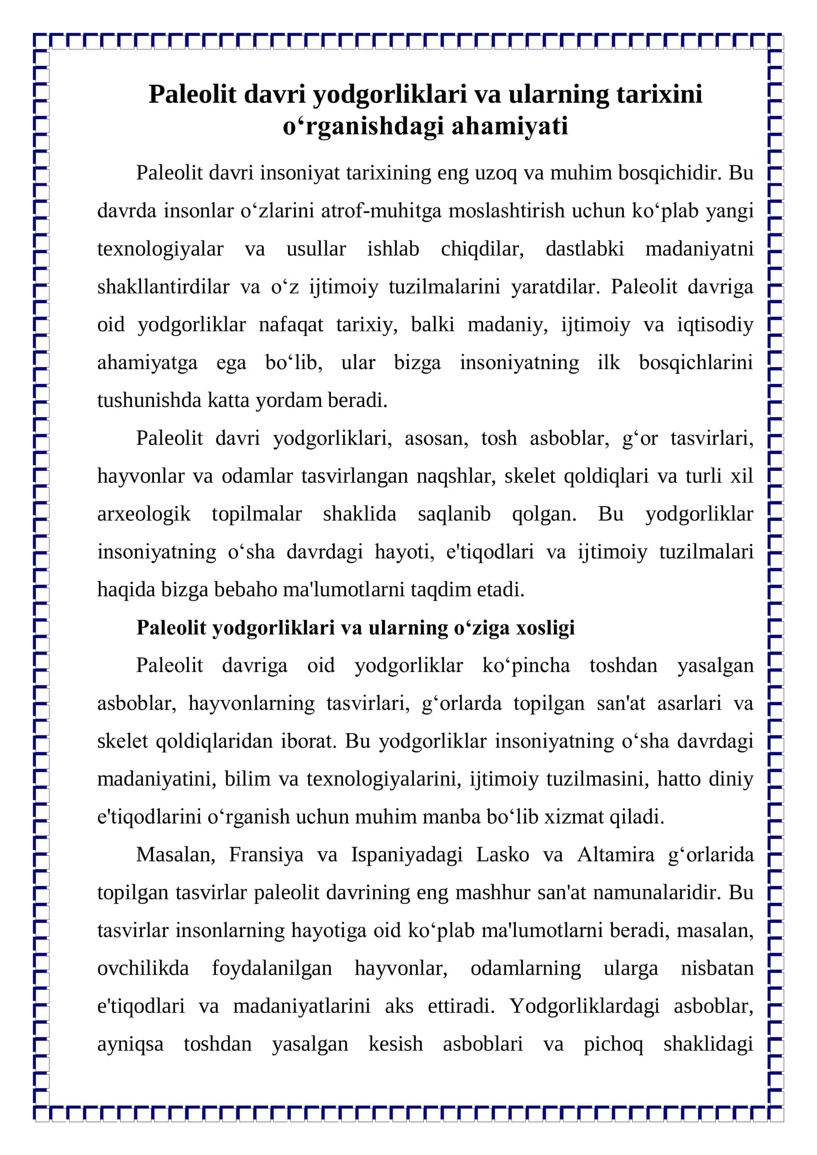 Paleolit davri yodgorliklari va ularning tarixini o'rganish