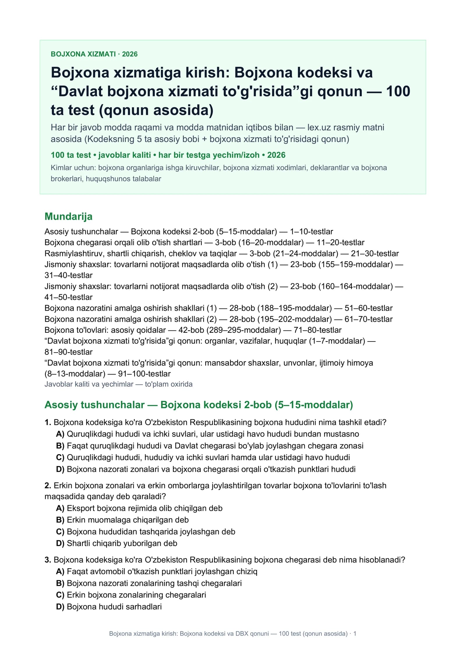 Bojxona xizmatiga kirish: Bojxona kodeksi va DBX qonuni — 100 test (qonun asosida) · 1