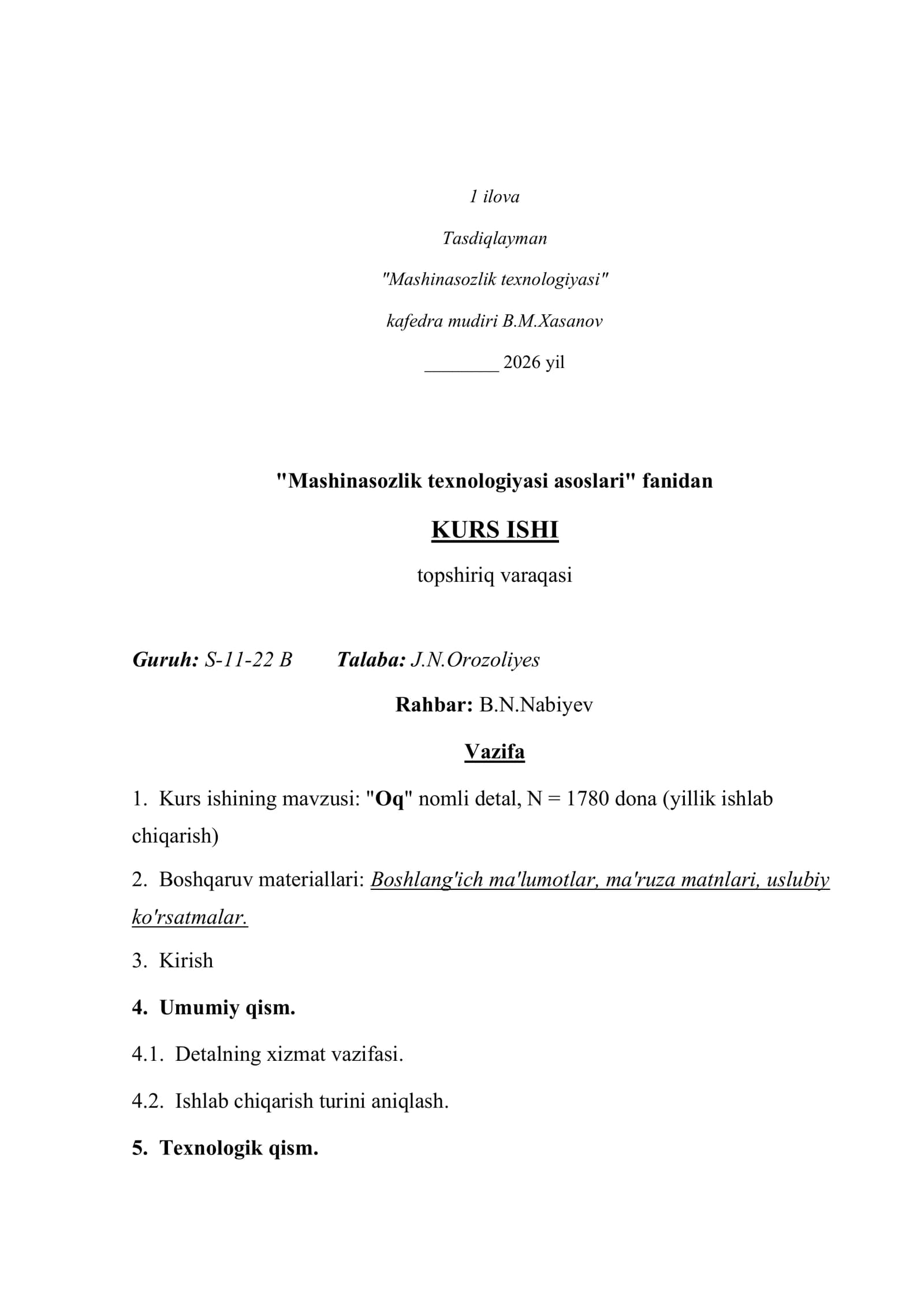 "Mashinasozlik texnologiyasi"