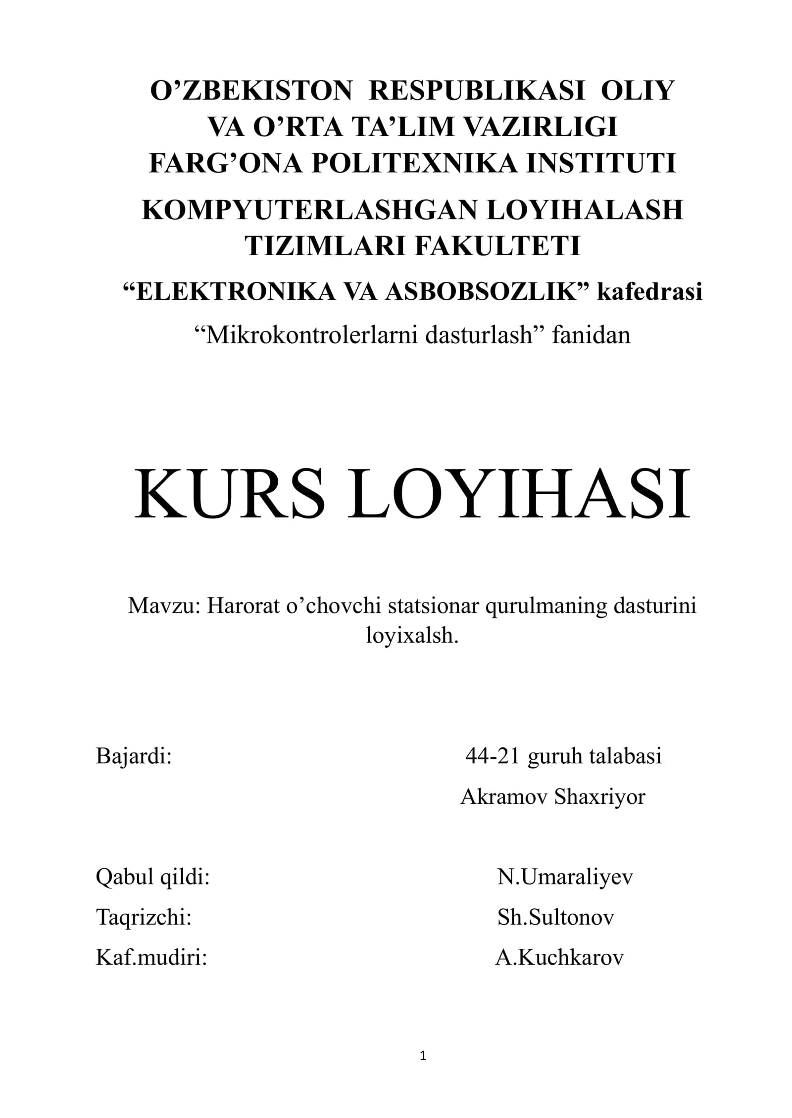 Harorat o’chovchi statsionar qurulmaning dasturini loyixalsh