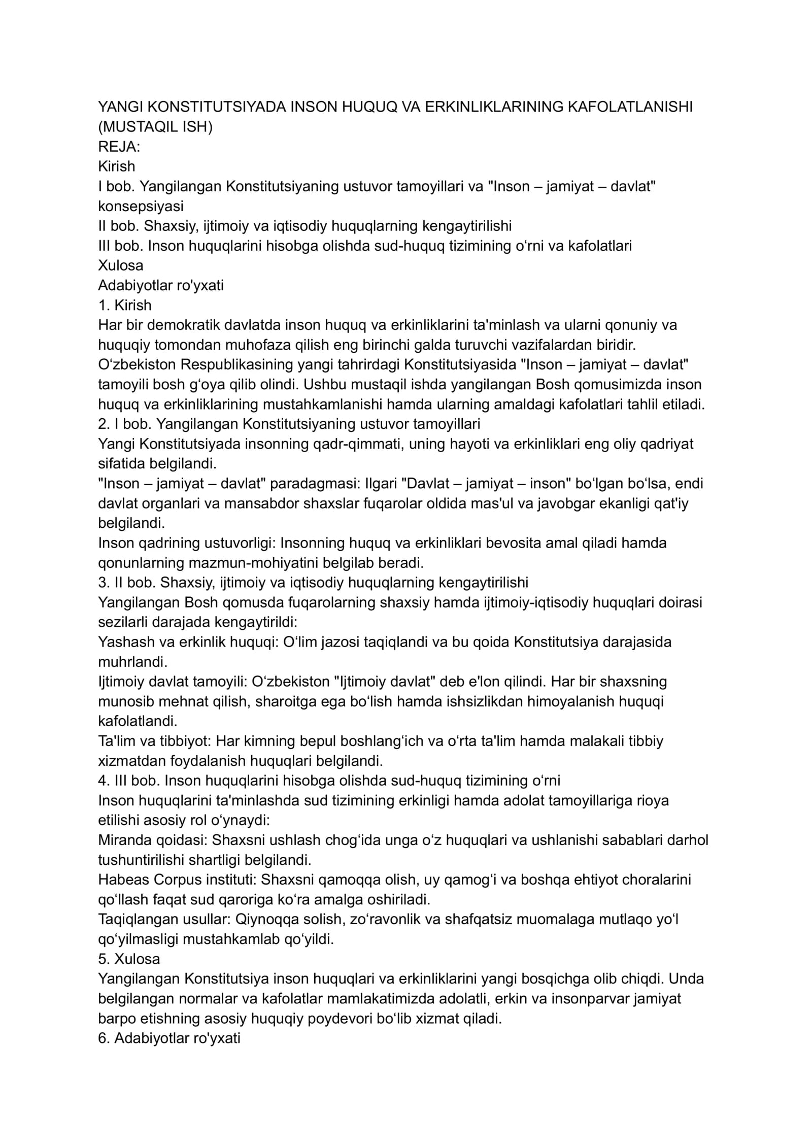 YANGI KONSTITUTSIYADA INSON HUQUQ VA ERKINLIKLARINING KAFOLATLANISHI