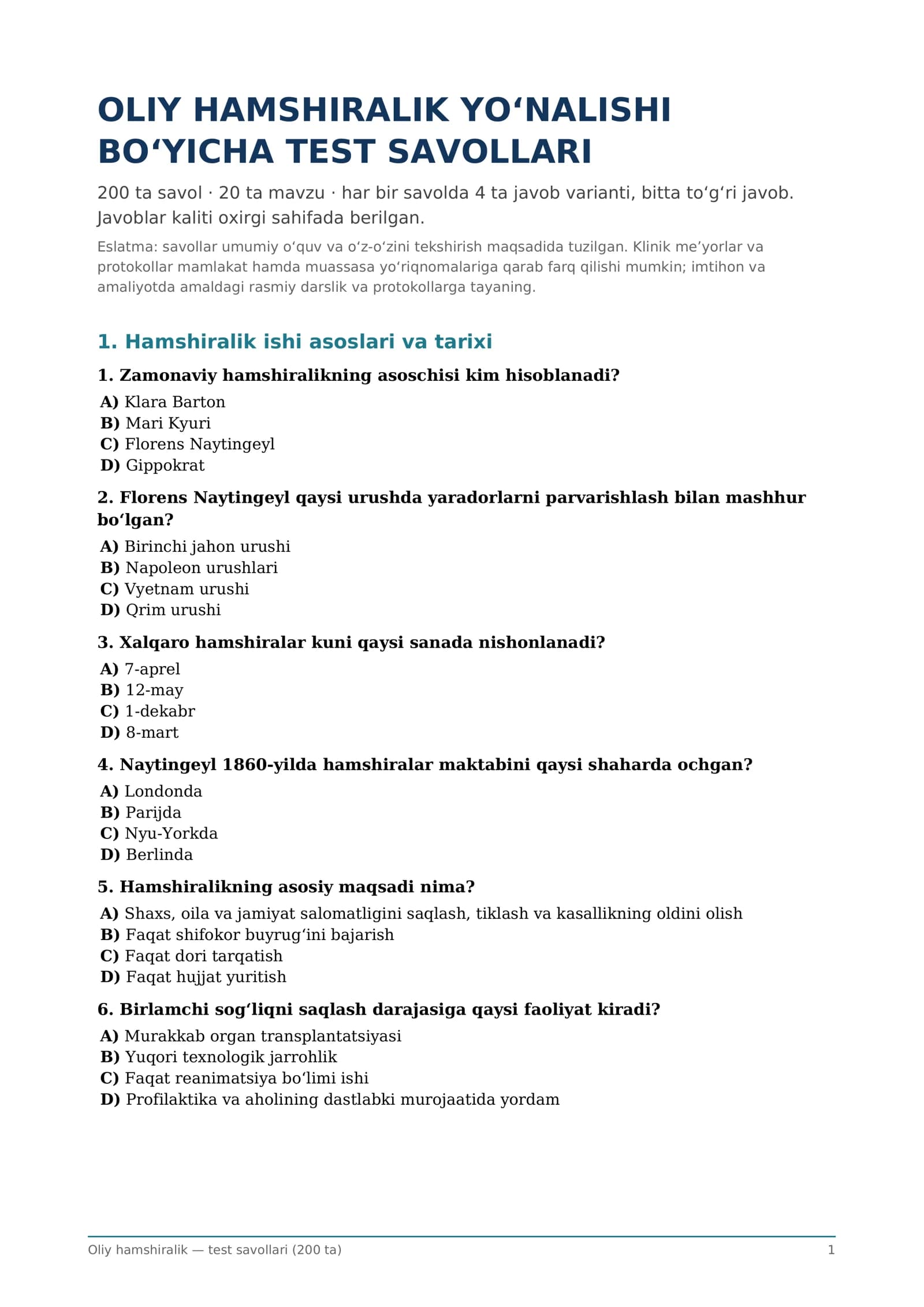 Oliy hamshiralik — test savollari (200 ta)
