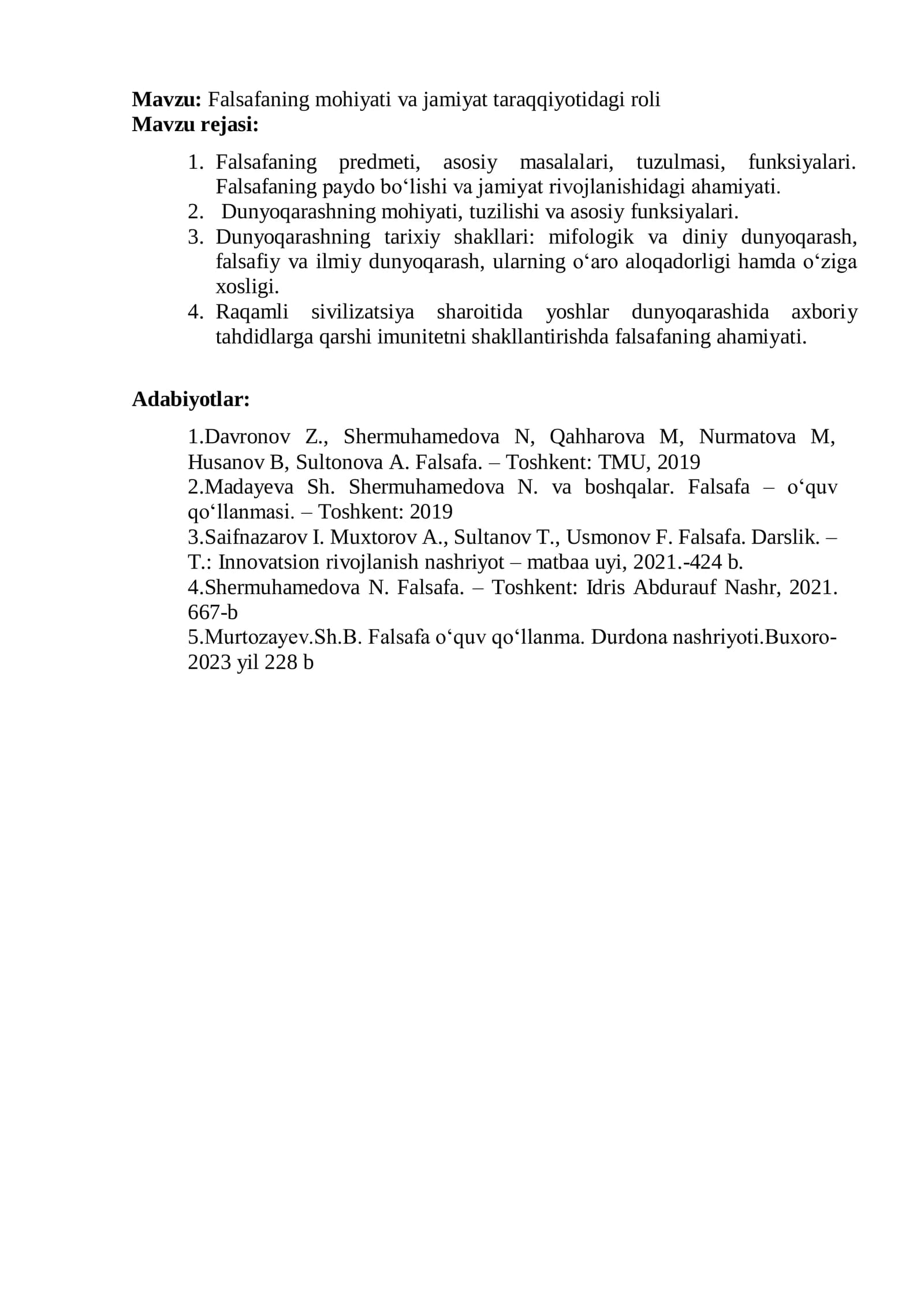 Falsafa. - Toshkent: TMU, 2019