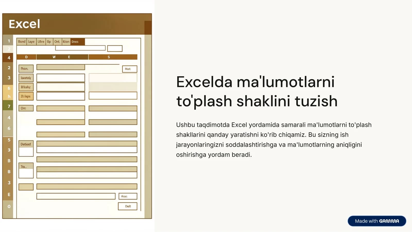 Excelda ma'lumotlarni to'plash shaklini tuzish