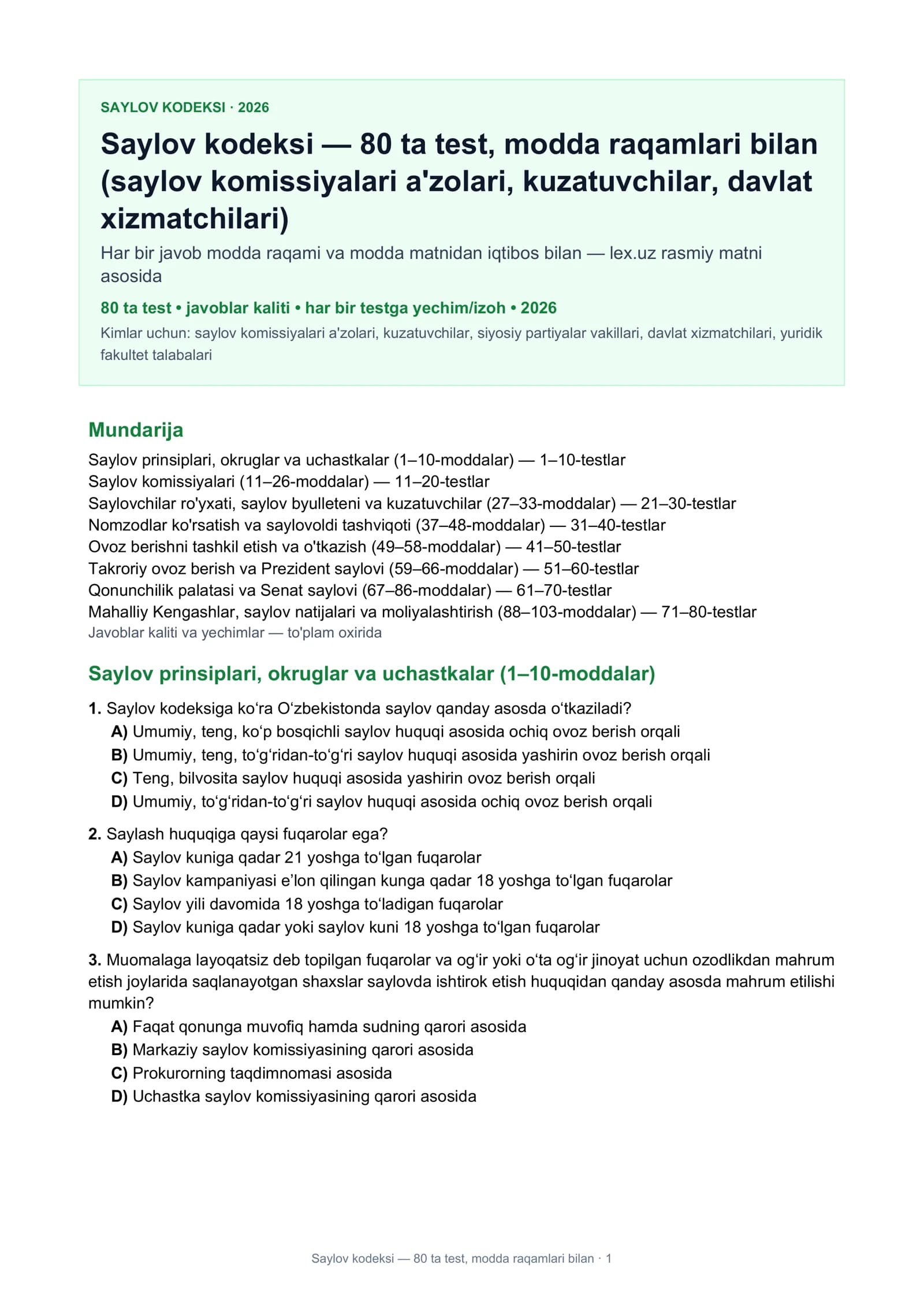 Saylov kodeksi — 80 ta test, modda raqamlari bilan